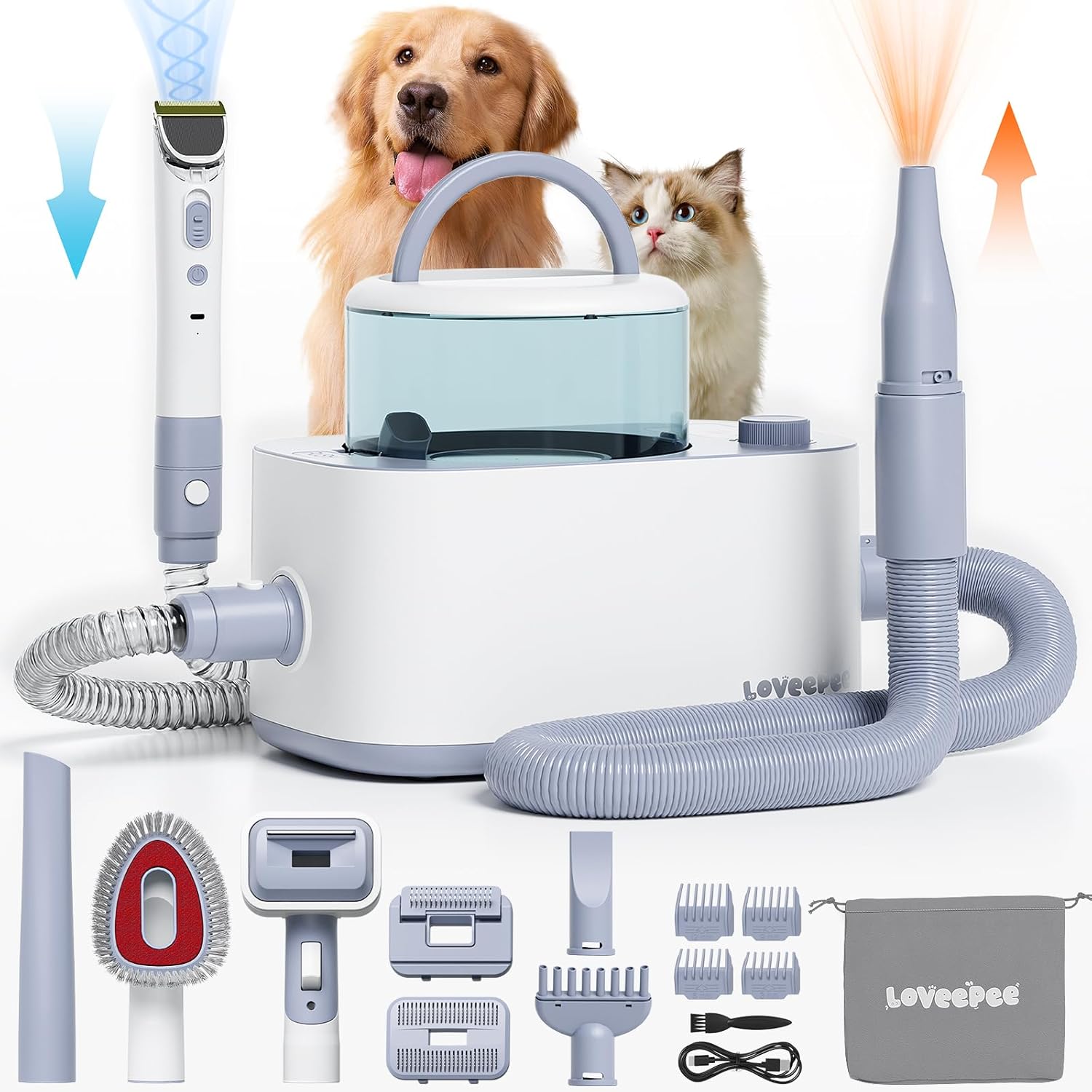 Dog Grooming Vacuum Kit, Dog Vacuum for Shedding Grooming Hair Dryer Kit, 9-in-1 Dog Brush Vacuum with Electric Pet Clippers, 21KPa Adjustable Speed  Temperature - 3L Dust Box