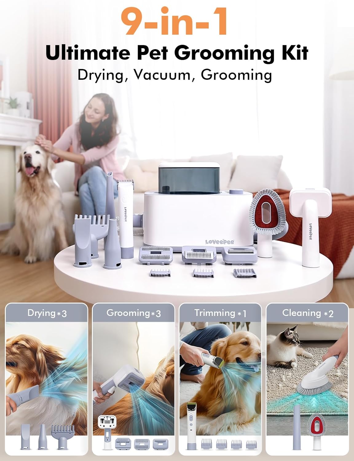 Kit aspirateur de toilettage pour chiens, aspirateur pour mue, sèche-cheveux, brosse à chien 9 en 1 avec tondeuses électriques pour animaux de compagnie, température de vitesse réglable de 21 kPa, température, vitesse réglable, 21 kPa, boîte à poussière de 3 L