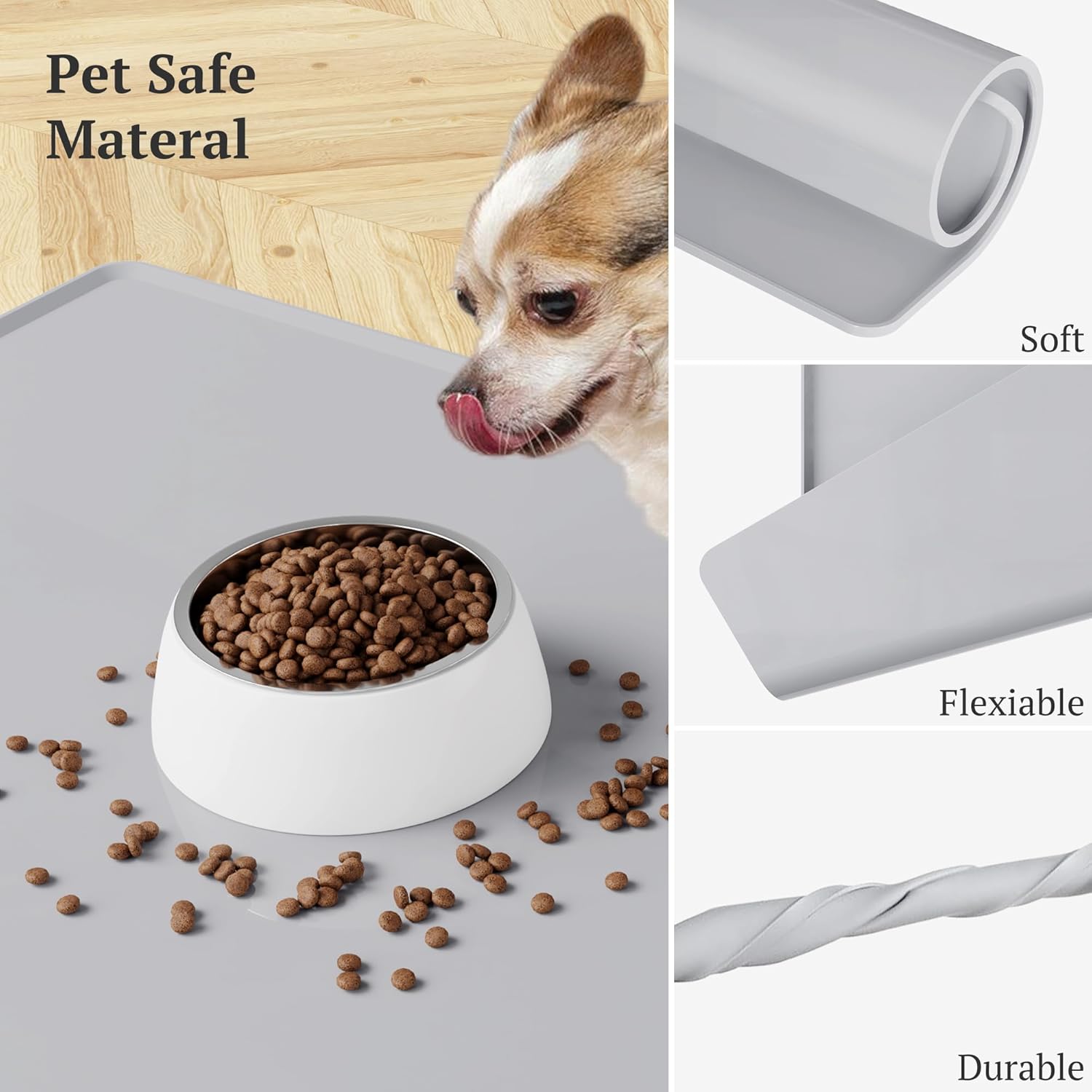 Silicone Pet Food Mat for Cats and Dogs, 19.7x15.7 inches, Gray, Waterproof, Raised Edge, Anti-Slip, Easy Clean · v2