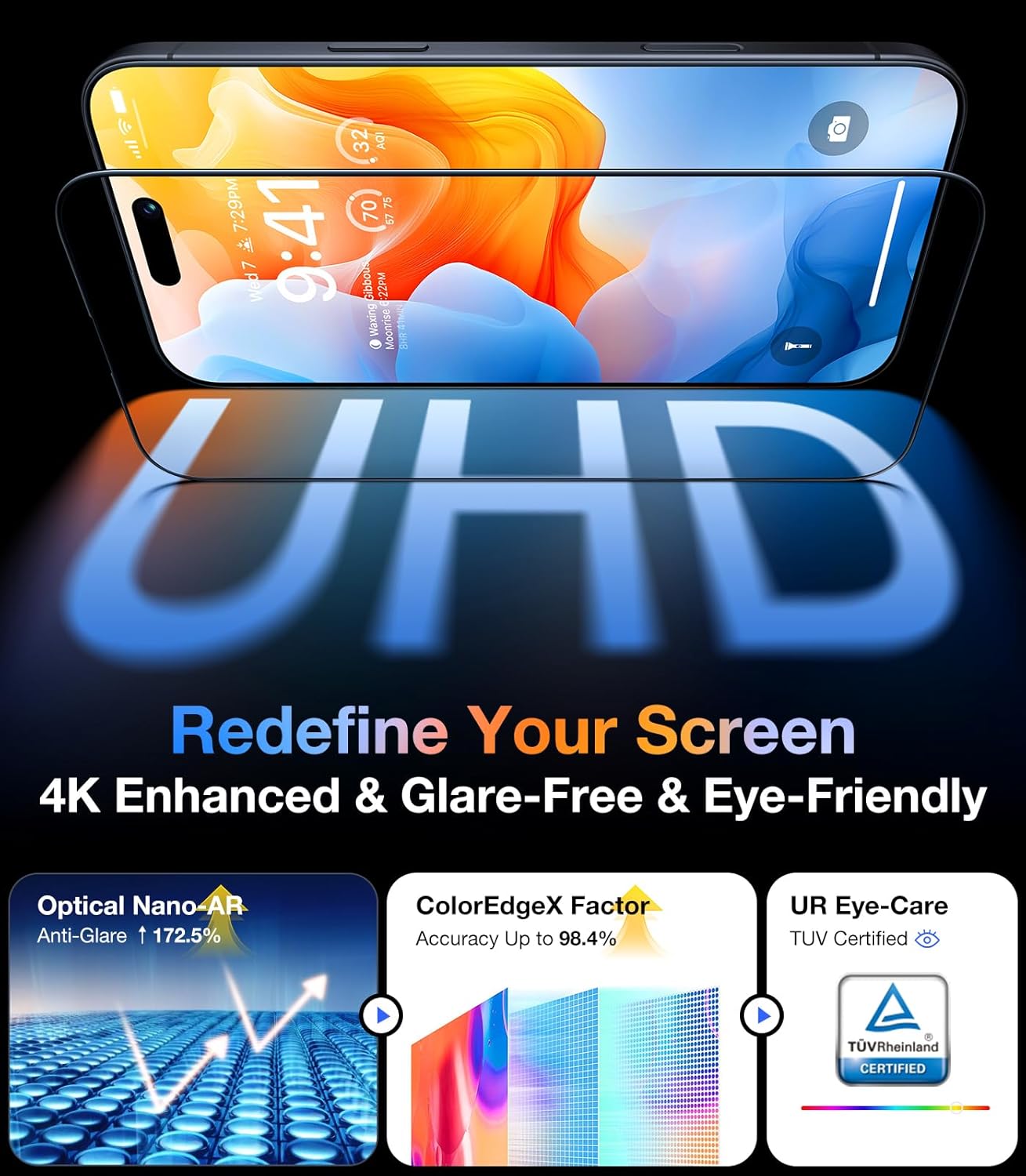 واقي شاشة UltraGlass Unbreak Top 9H Glass لهاتف iPhone 16 Pro Max [مضاد للانعكاس بدرجة عسكرية مقاوم للكسر] زجاج مقوى [تغطية كاملة] متين لأطول فترة