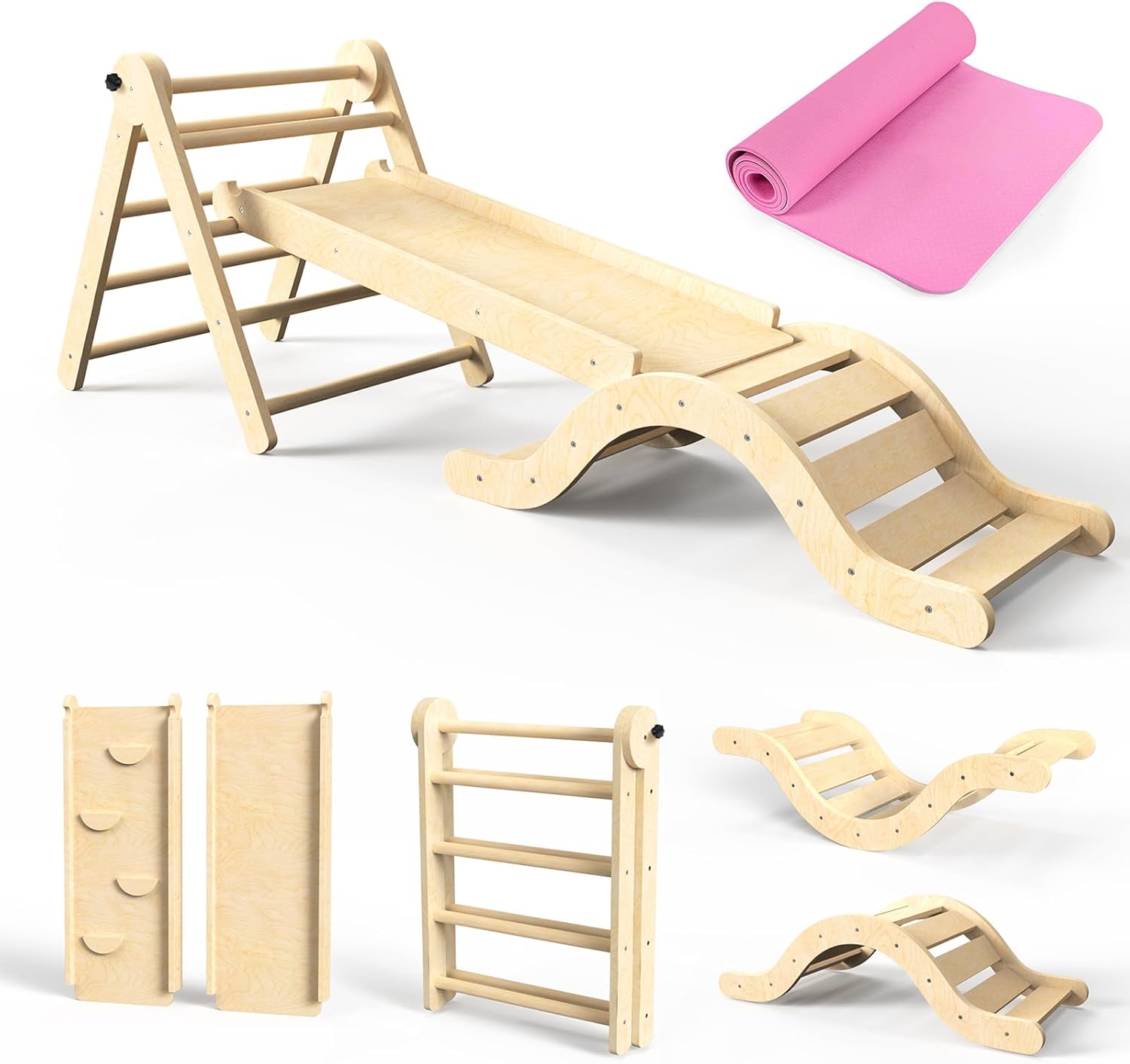 Pikler Triangle Set 7in1 Toddler Climbing Toys Indoor Foldable Baby Climbing Toys Wooden Montessori Climbing Set with Arch, Ramp, Ladder for 1-3 Years, Jungle Gym for Kids (Natural) · v6