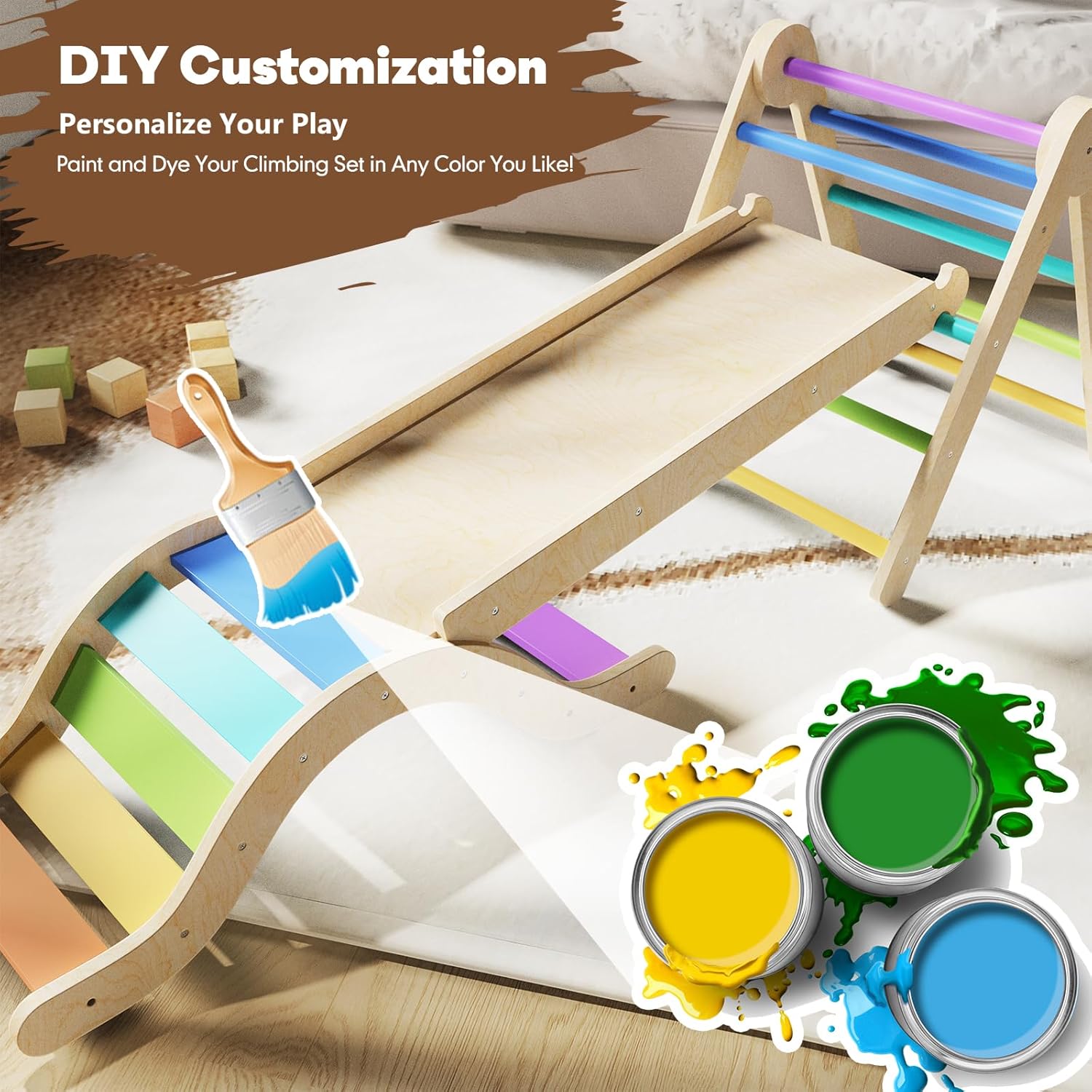 Pikler Triangle Set 7in1 Toddler Climbing Toys Indoor Foldable Baby Climbing Toys Wooden Montessori Climbing Set with Arch, Ramp, Ladder for 1-3 Years, Jungle Gym for Kids (Natural) · v6
