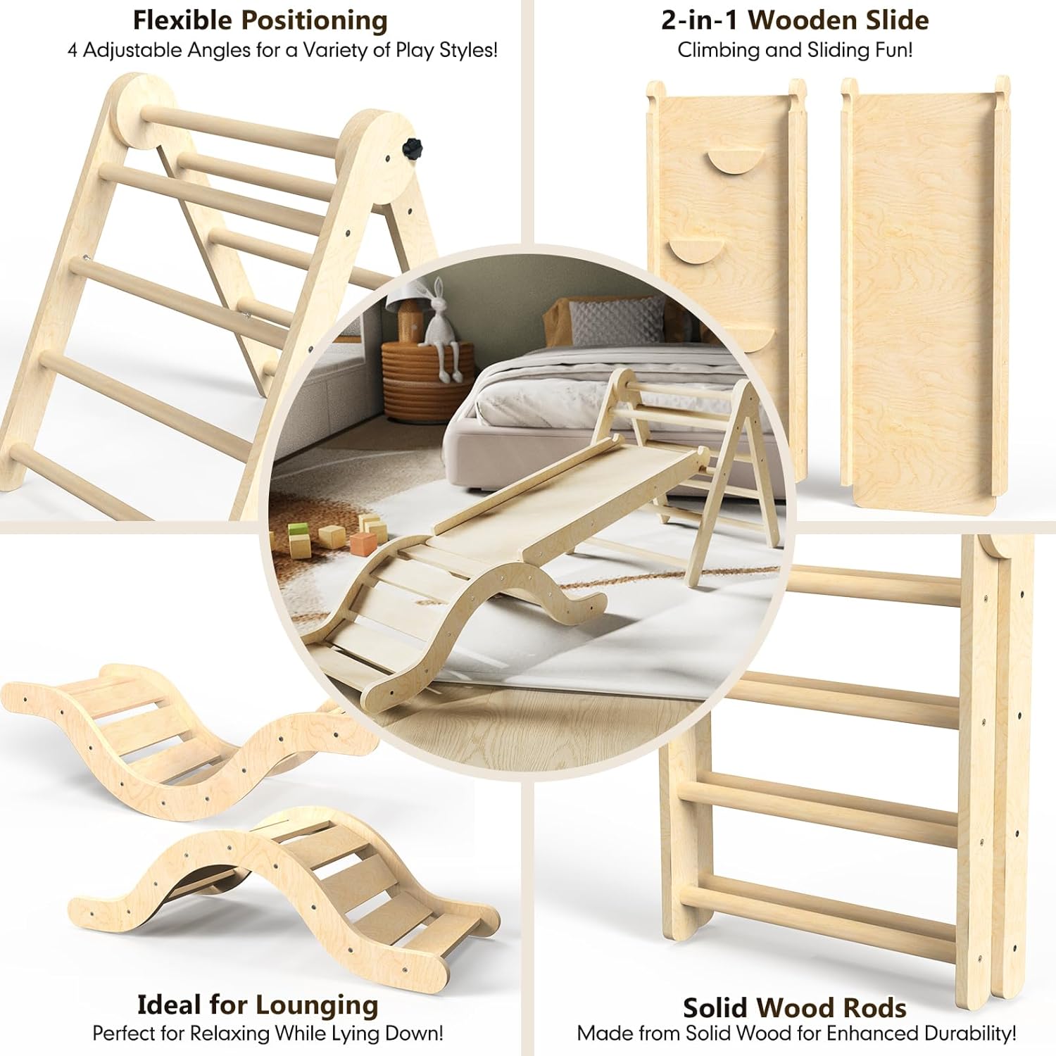 Pikler Triangle Set 7in1 Toddler Climbing Toys Indoor Foldable Baby Climbing Toys Wooden Montessori Climbing Set with Arch, Ramp, Ladder for 1-3 Years, Jungle Gym for Kids (Natural) · v6