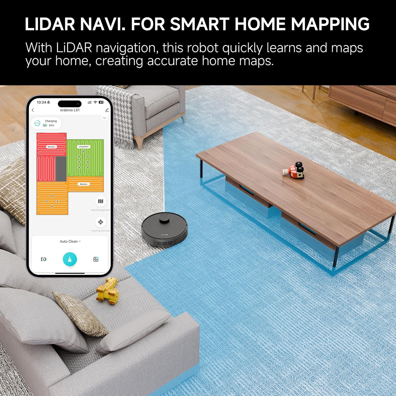 หุ่นยนต์ดูดฝุ่นและถูพื้น LS1 พร้อมระบบนำทาง LiDAR ที่แม่นยำ แผนที่บ้านอัจฉริยะ โหมดทำความสะอาดแบบดูดฝุ่น/ถูพื้น/คอมโบ ชาร์จอัตโนมัติ การทำความสะอาดแบบกำหนดเอง แอป/รีโมท/ควบคุมด้วยเสียง สำหรับพื้นแข็งและพรม