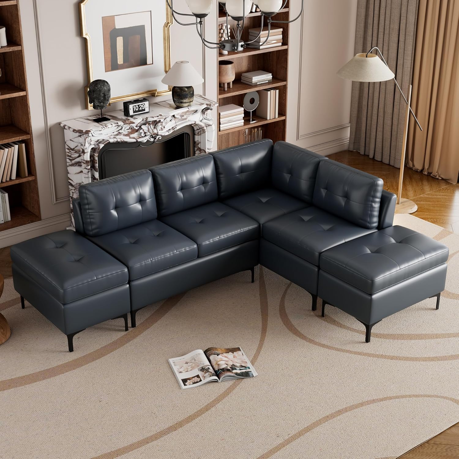 ERYE Convertible L-Shaped Sectional Sofa with Reversible Chaise Lounge, PU Leather Upholstery Modular Couch w/Movable Storage Ottomans,5-Seater Corner Sofá,Luxury Leisure Couches for Spacious Space · v3