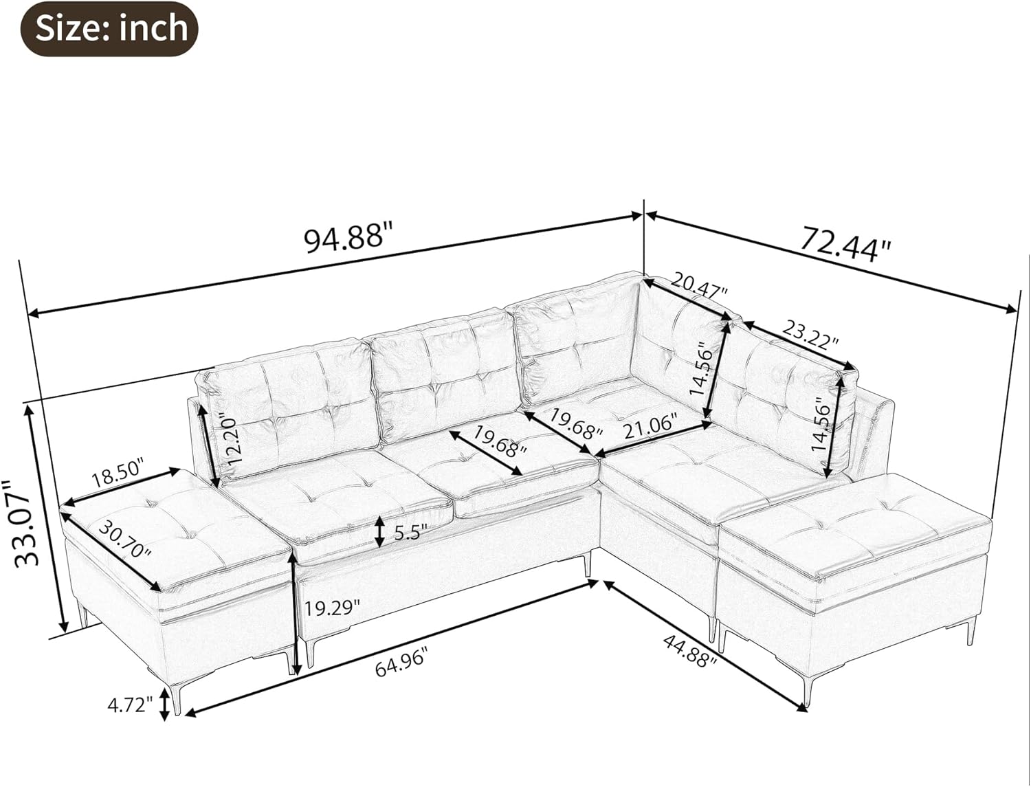 ERYE Convertible L-Shaped Sectional Sofa with Reversible Chaise Lounge, PU Leather Upholstery Modular Couch w/Movable Storage Ottomans,5-Seater Corner Sofá,Luxury Leisure Couches for Spacious Space · v3