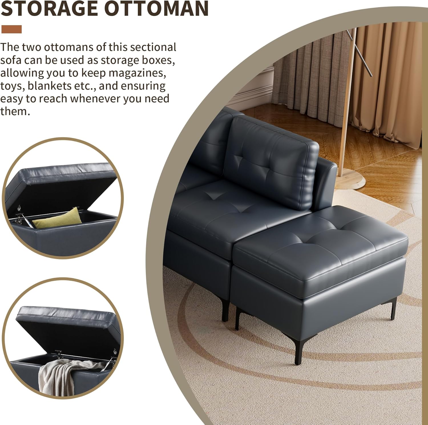 ERYE Convertible L-Shaped Sectional Sofa with Reversible Chaise Lounge, PU Leather Upholstery Modular Couch w/Movable Storage Ottomans,5-Seater Corner Sofá,Luxury Leisure Couches for Spacious Space · v3