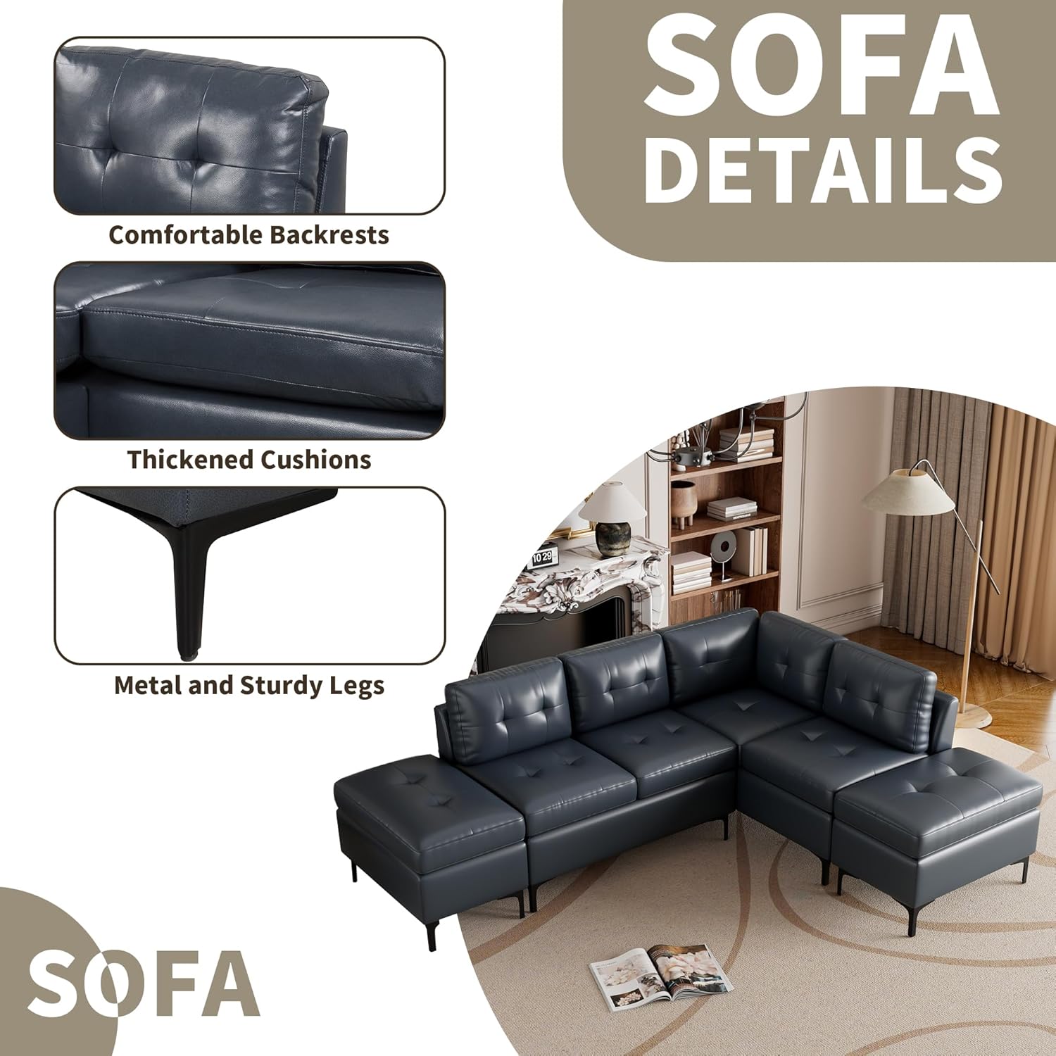 ERYE Convertible L-Shaped Sectional Sofa with Reversible Chaise Lounge, PU Leather Upholstery Modular Couch w/Movable Storage Ottomans,5-Seater Corner Sofá,Luxury Leisure Couches for Spacious Space · v3