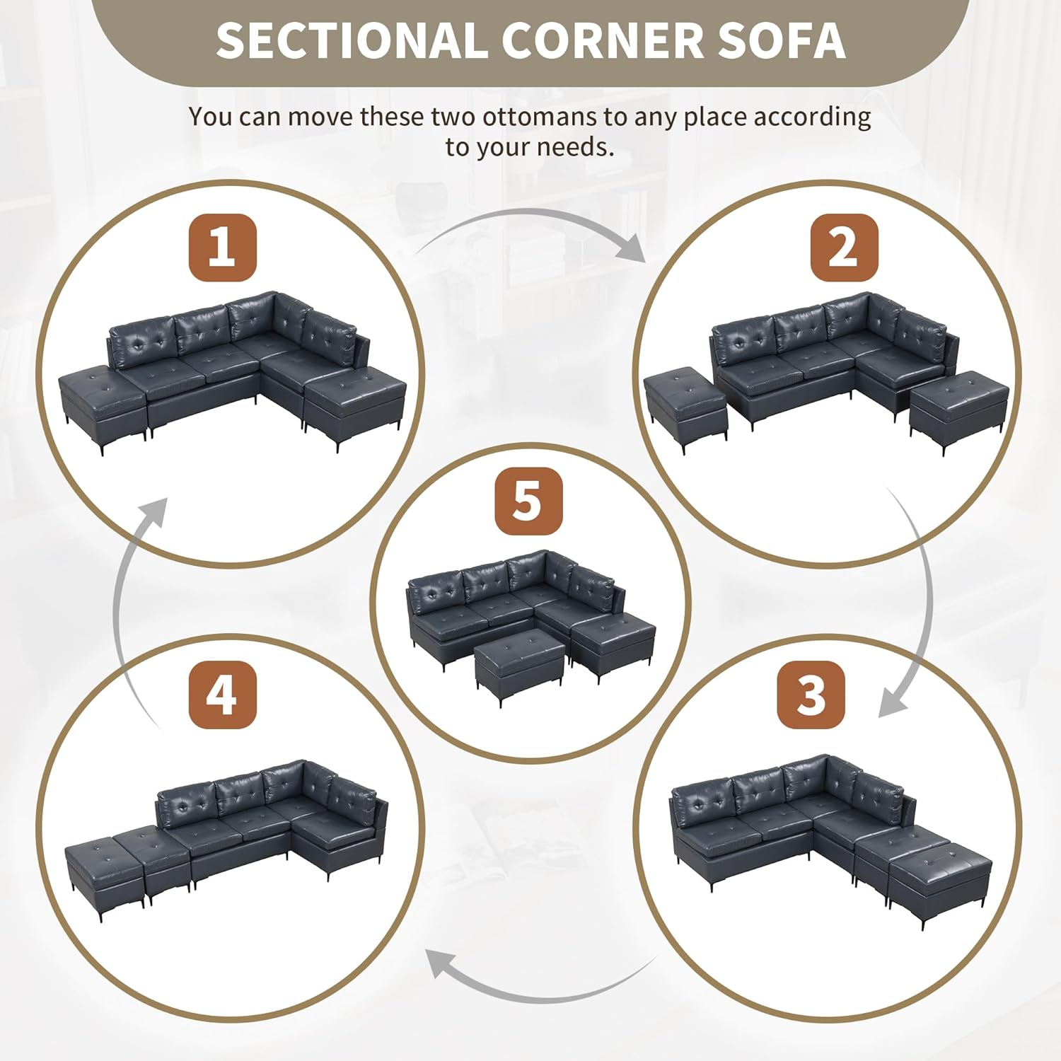 ERYE Convertible L-Shaped Sectional Sofa with Reversible Chaise Lounge, PU Leather Upholstery Modular Couch w/Movable Storage Ottomans,5-Seater Corner Sofá,Luxury Leisure Couches for Spacious Space · v3