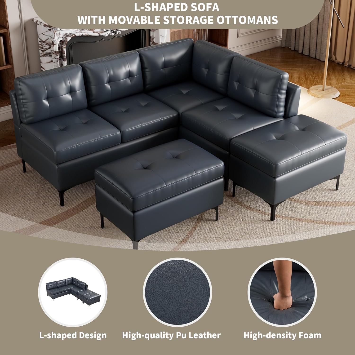 ERYE Convertible L-Shaped Sectional Sofa with Reversible Chaise Lounge, PU Leather Upholstery Modular Couch w/Movable Storage Ottomans,5-Seater Corner Sofá,Luxury Leisure Couches for Spacious Space · v3