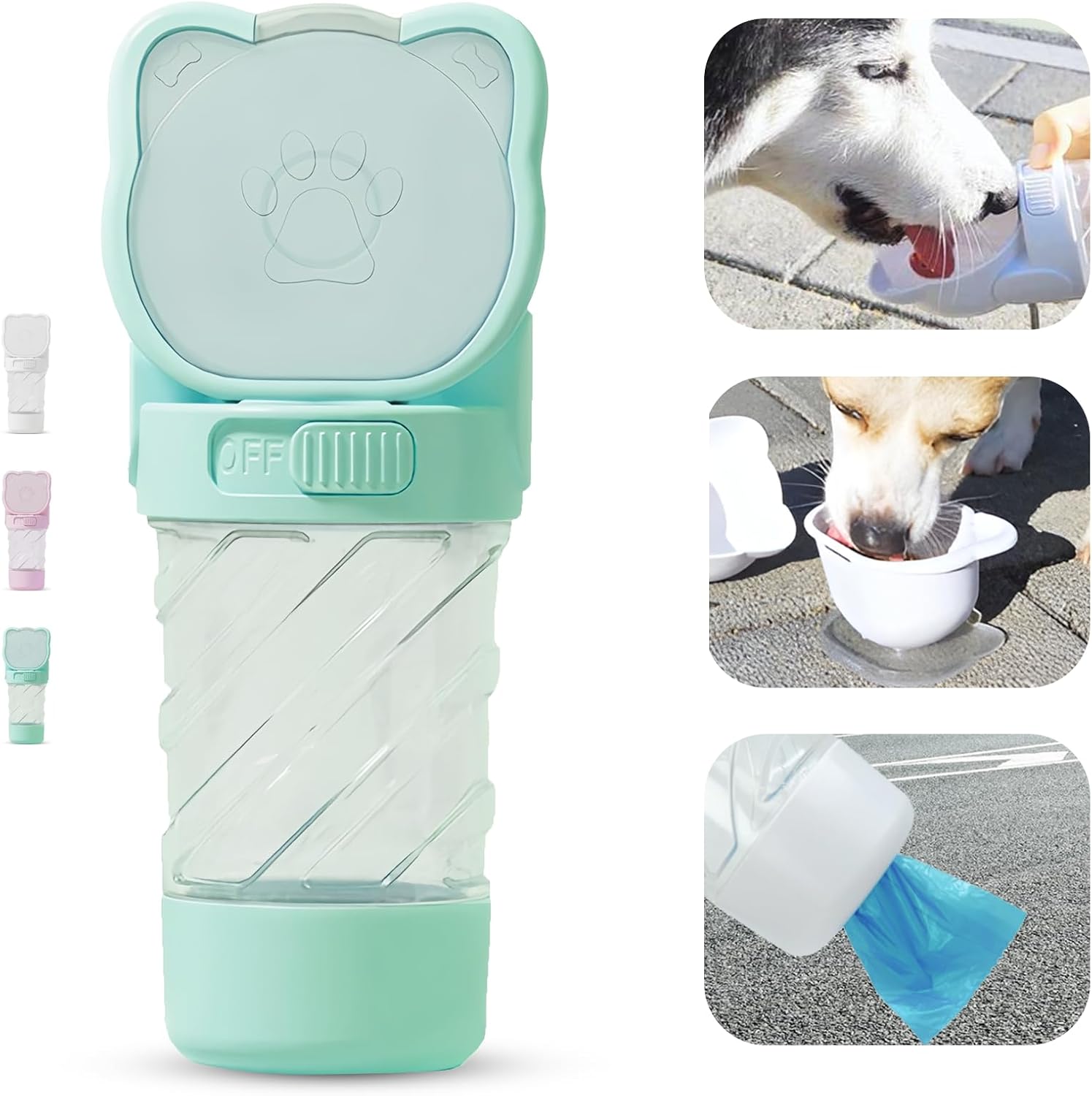 Bottiglia d'acqua per cani di piccola taglia con contenitore per alimenti e sacchetto per la cacca, bottiglia d'acqua per animali domestici da 12 once, bottiglia da viaggio per cani, ciotola d'acqua portatile per cuccioli, simpatici articoli per animali domestici, elementi essenziali per passeggiate con il cane (verde, 12 once)