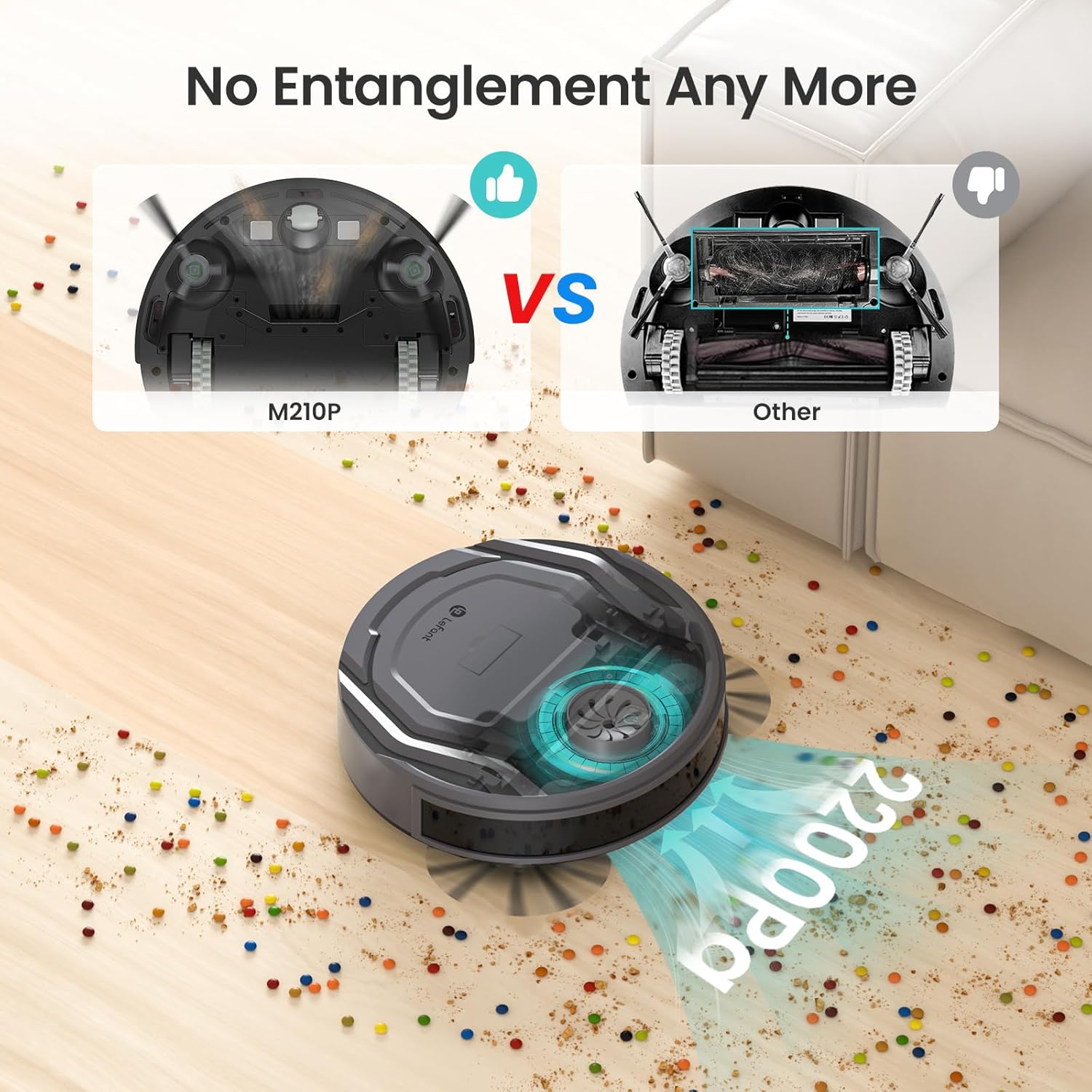 Lefant Roboter-Staubsauger M210 Pro, schlank, leise, 2200 Pa Saugleistung, selbstladender Roboter-Staubsauger mit 120 Minuten, Freemove 3.0, WiFi/App/Alexa, 6 Reinigungsmodi, ideal für harte Böden, Tierhaare, niedriger Teppich, Grau