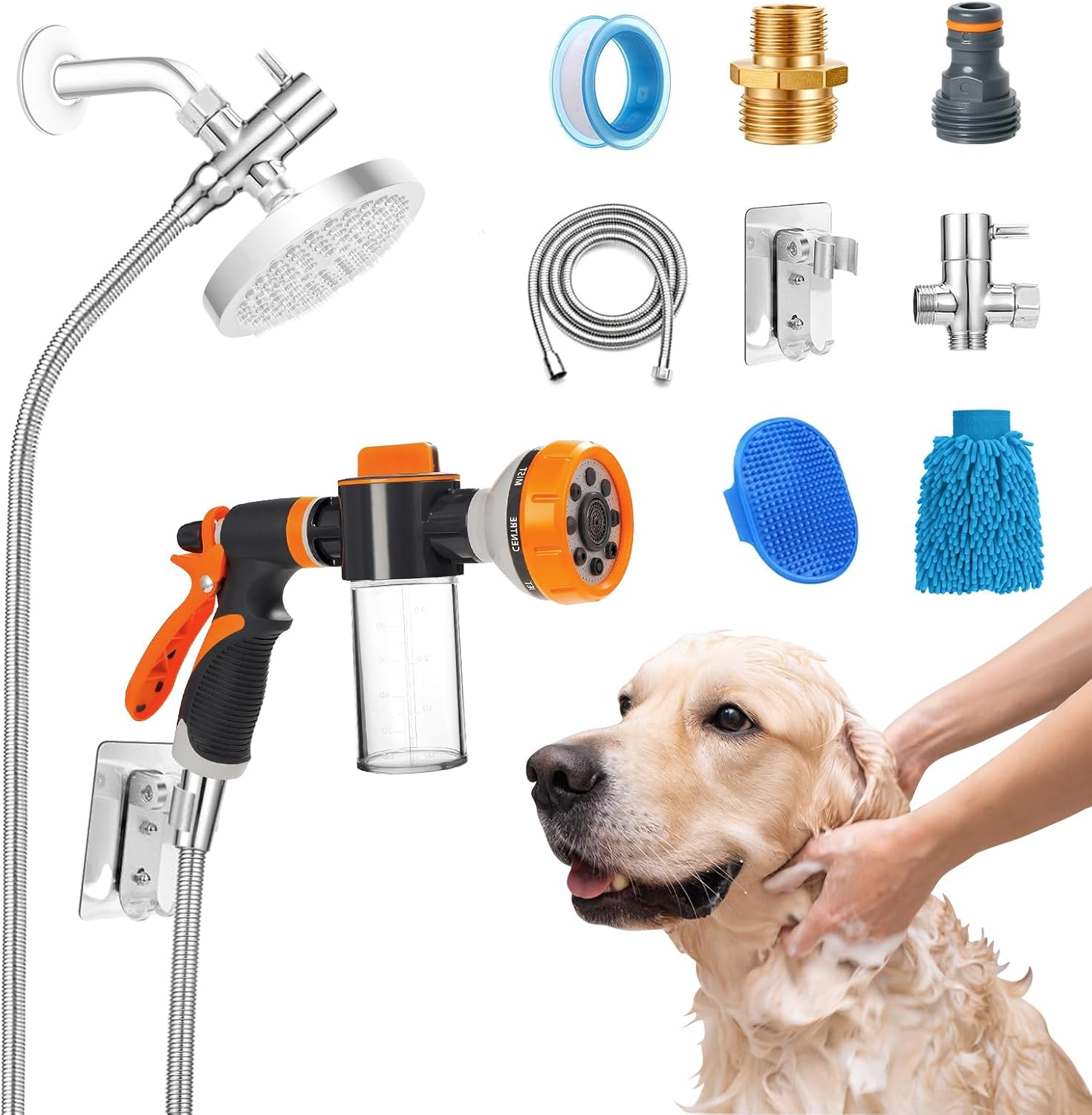 Dog Shower Attachment Hose Nozzle Sprayer Set with Metal 3-Way Shower Diverter 6.6 Ft Hose for Bathroom Shower Arm for Indooramp; Outdoor, Pup Jet Dog Wash for Pet Shower