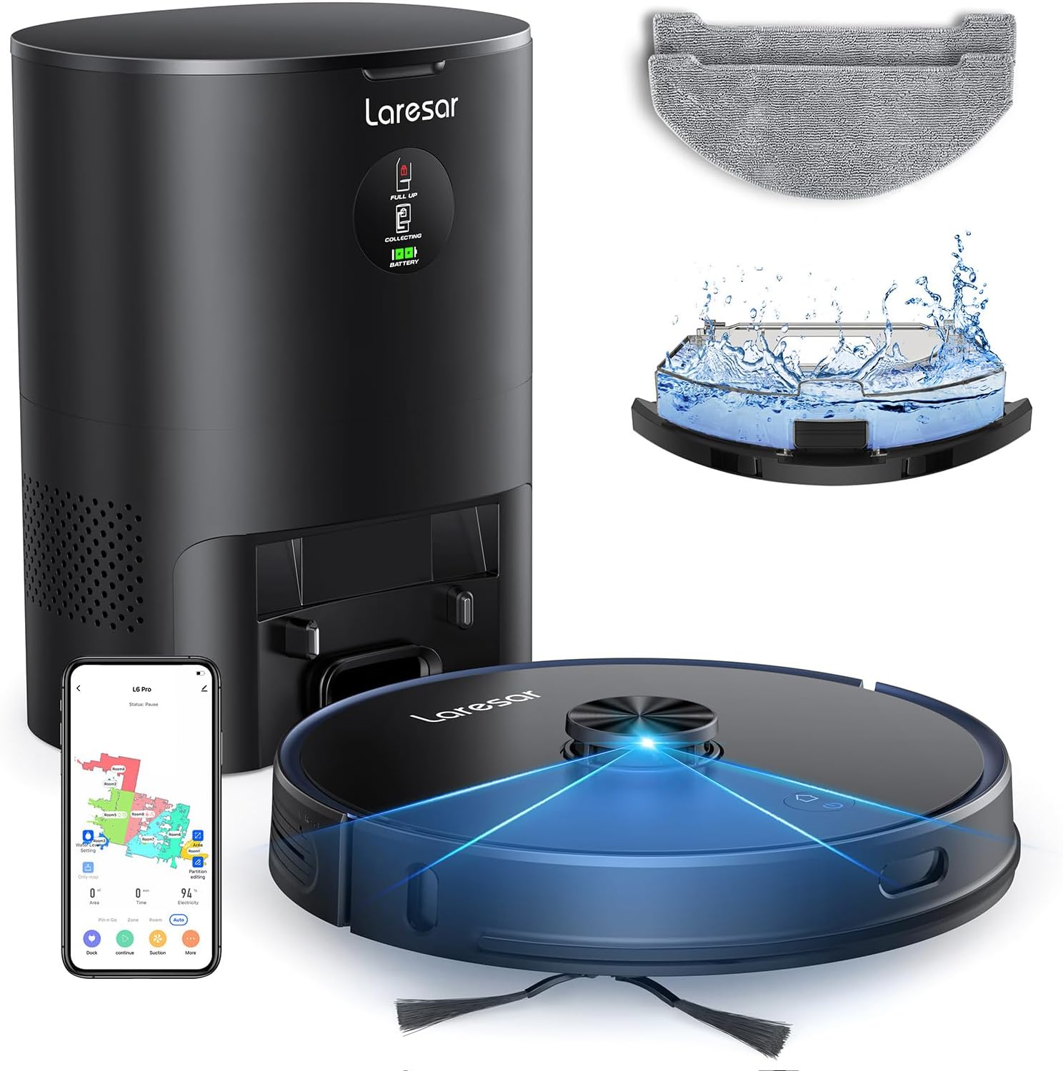 Laresar Robot Vacuum and Mop Combo, 3 in 1 Robotic Vacuum with 3.5L Self Emptying Station, Equipped with Lidar Navigation,Smart App Control, for Pet Hair/Floors/Carpets, L6 Pro, Black · v2