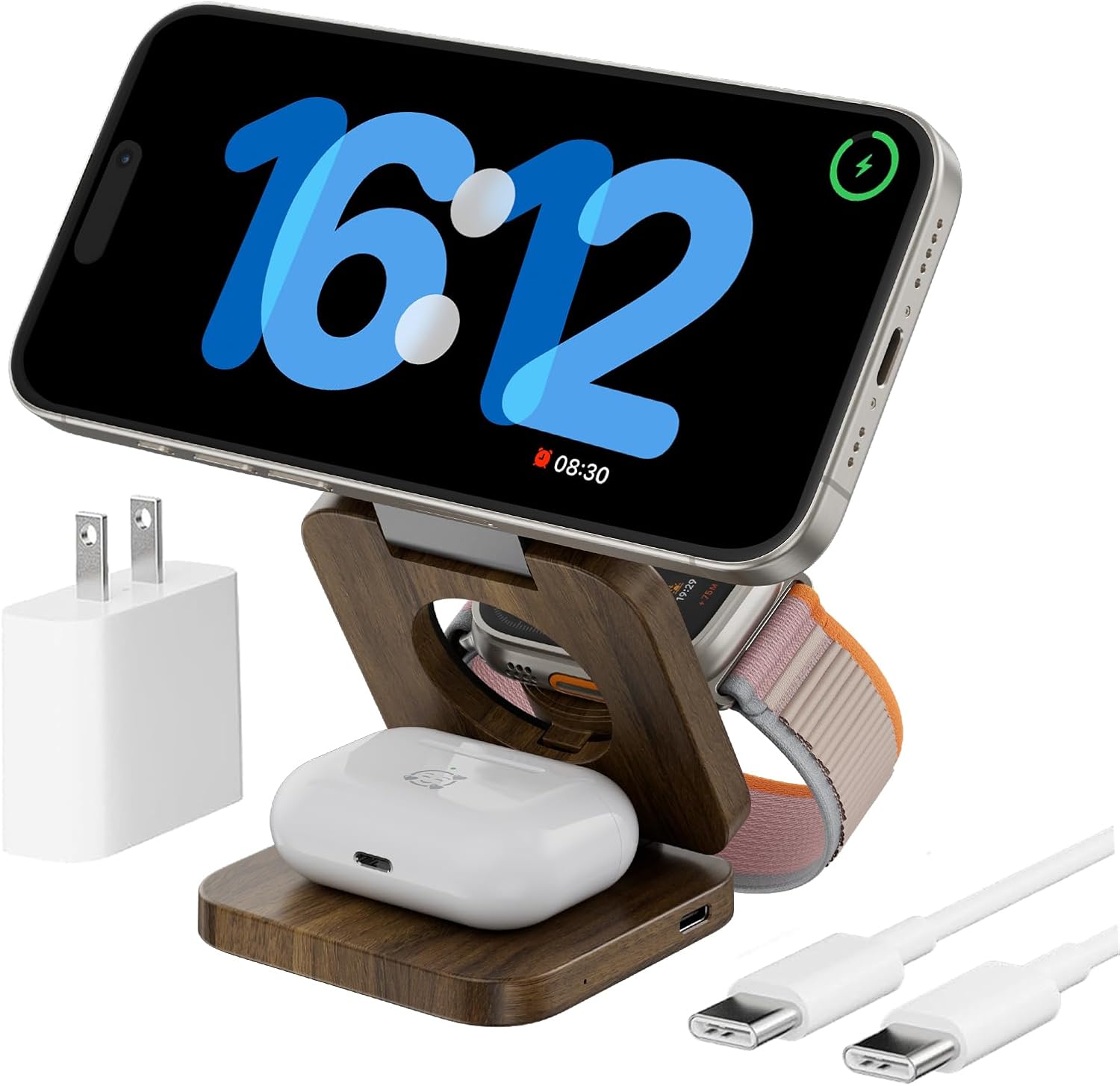 Chargeur magnétique rapide sans fil X55 Nature Series, station de recharge 3 en 1 pliable pour Apple, support de chargeur de voyage Mag-Safe pour iPhone 16 15 14 13 12, pour Apple Watch AirPods-Peachwood
