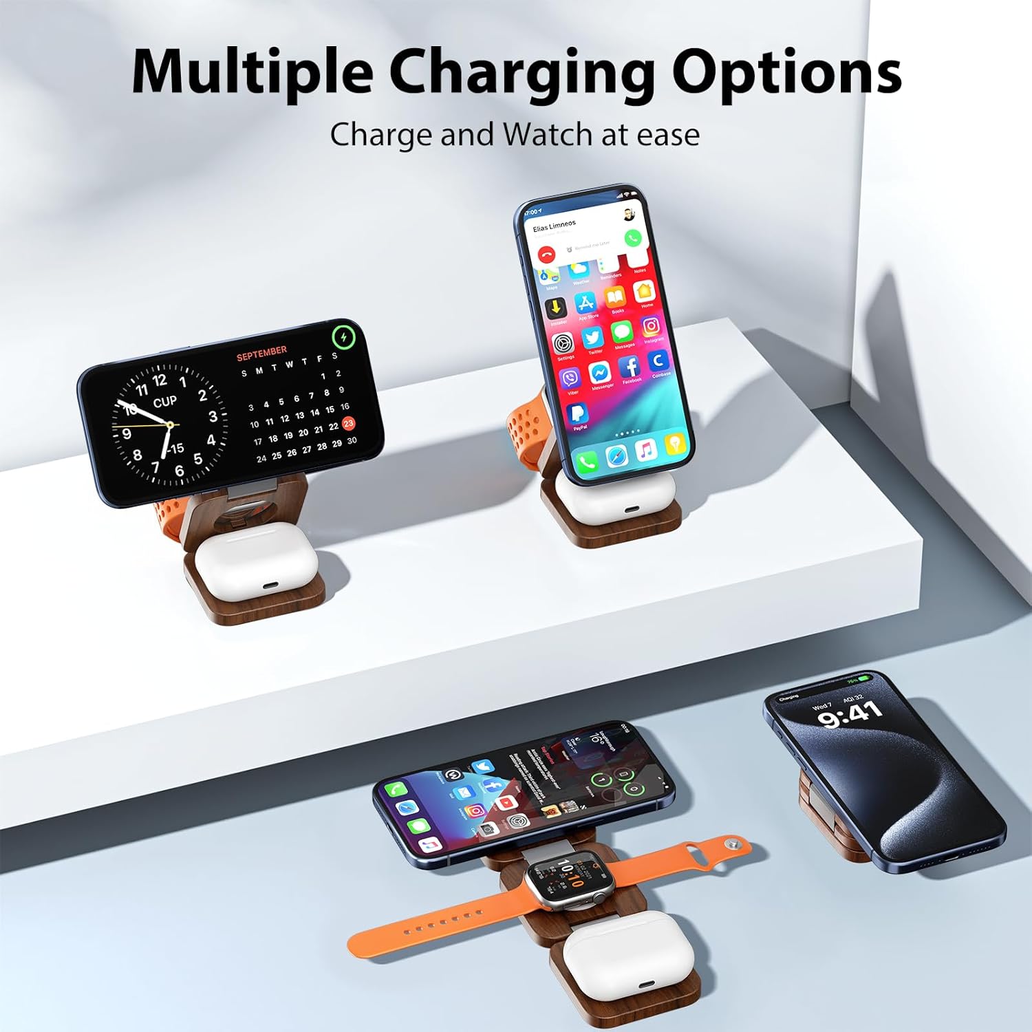 Chargeur magnétique rapide sans fil X55 Nature Series, station de recharge 3 en 1 pliable pour Apple, support de chargeur de voyage Mag-Safe pour iPhone 16 15 14 13 12, pour Apple Watch AirPods-Peachwood