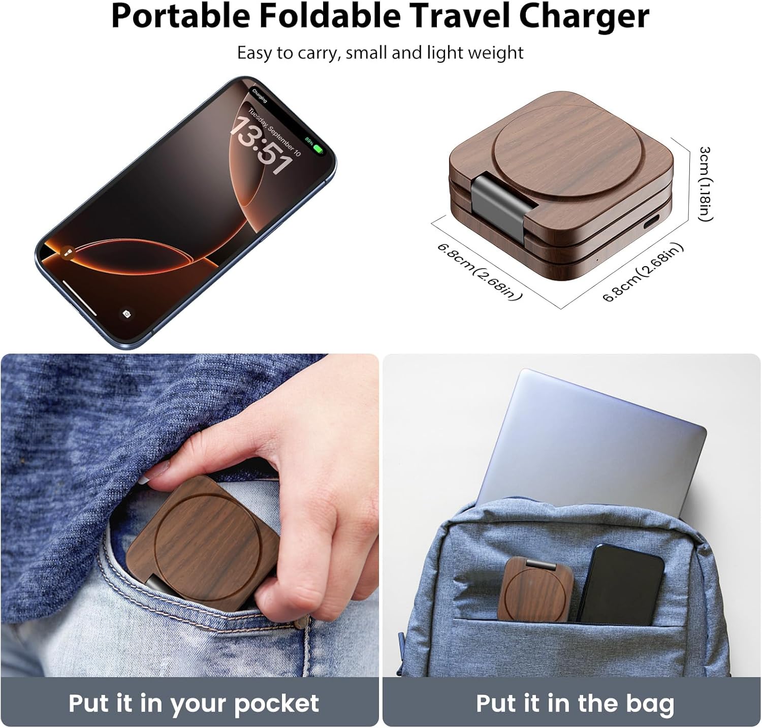 Chargeur magnétique rapide sans fil X55 Nature Series, station de recharge 3 en 1 pliable pour Apple, support de chargeur de voyage Mag-Safe pour iPhone 16 15 14 13 12, pour Apple Watch AirPods-Peachwood