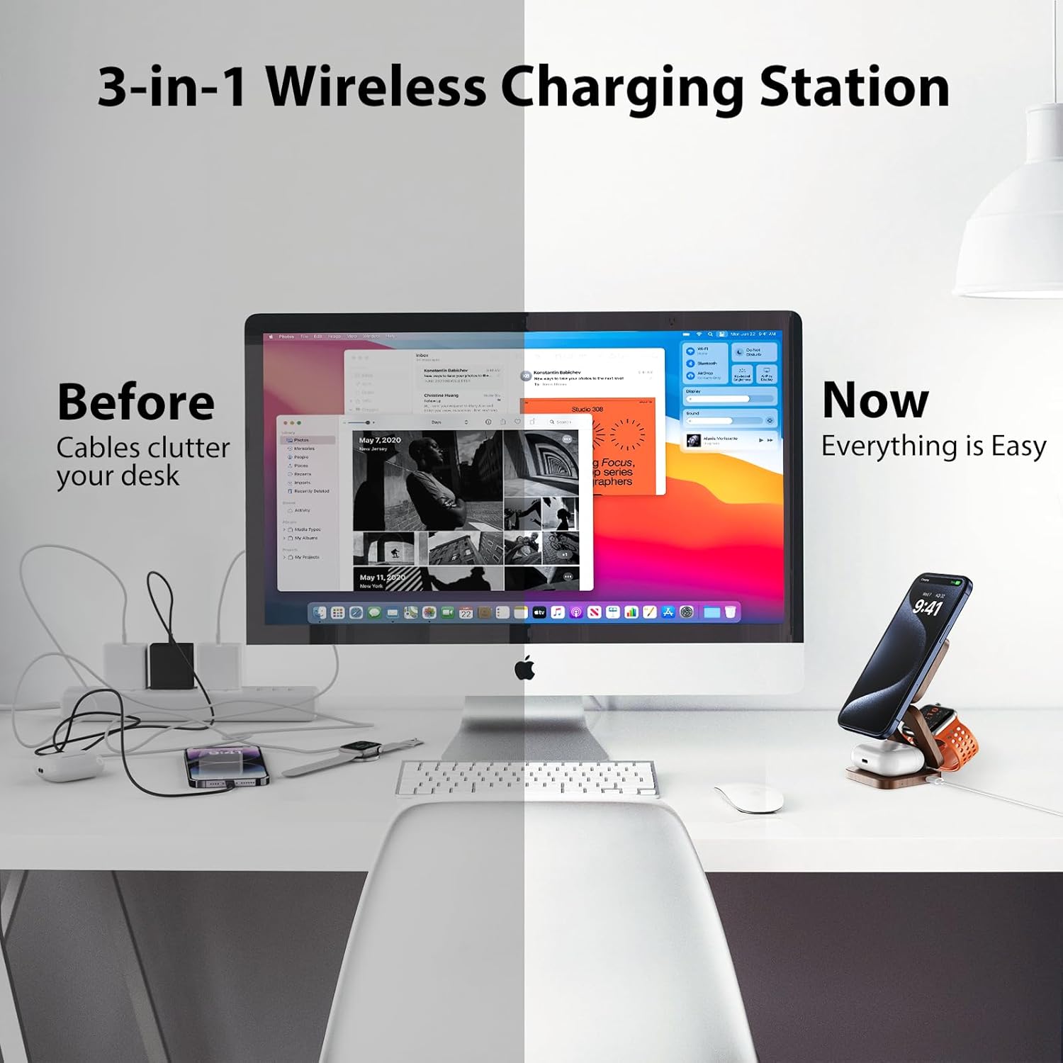 Chargeur magnétique rapide sans fil X55 Nature Series, station de recharge 3 en 1 pliable pour Apple, support de chargeur de voyage Mag-Safe pour iPhone 16 15 14 13 12, pour Apple Watch AirPods-Peachwood