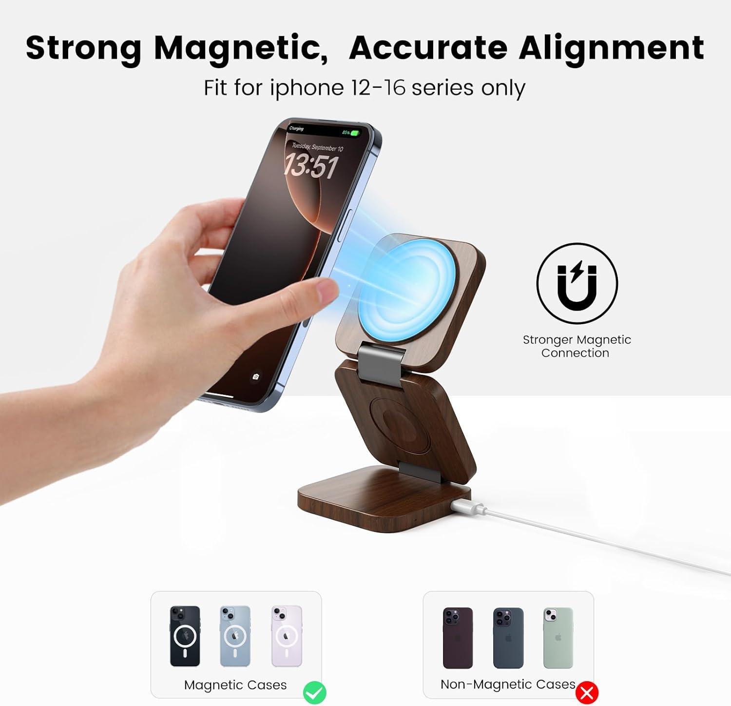 Chargeur magnétique rapide sans fil X55 Nature Series, station de recharge 3 en 1 pliable pour Apple, support de chargeur de voyage Mag-Safe pour iPhone 16 15 14 13 12, pour Apple Watch AirPods-Peachwood