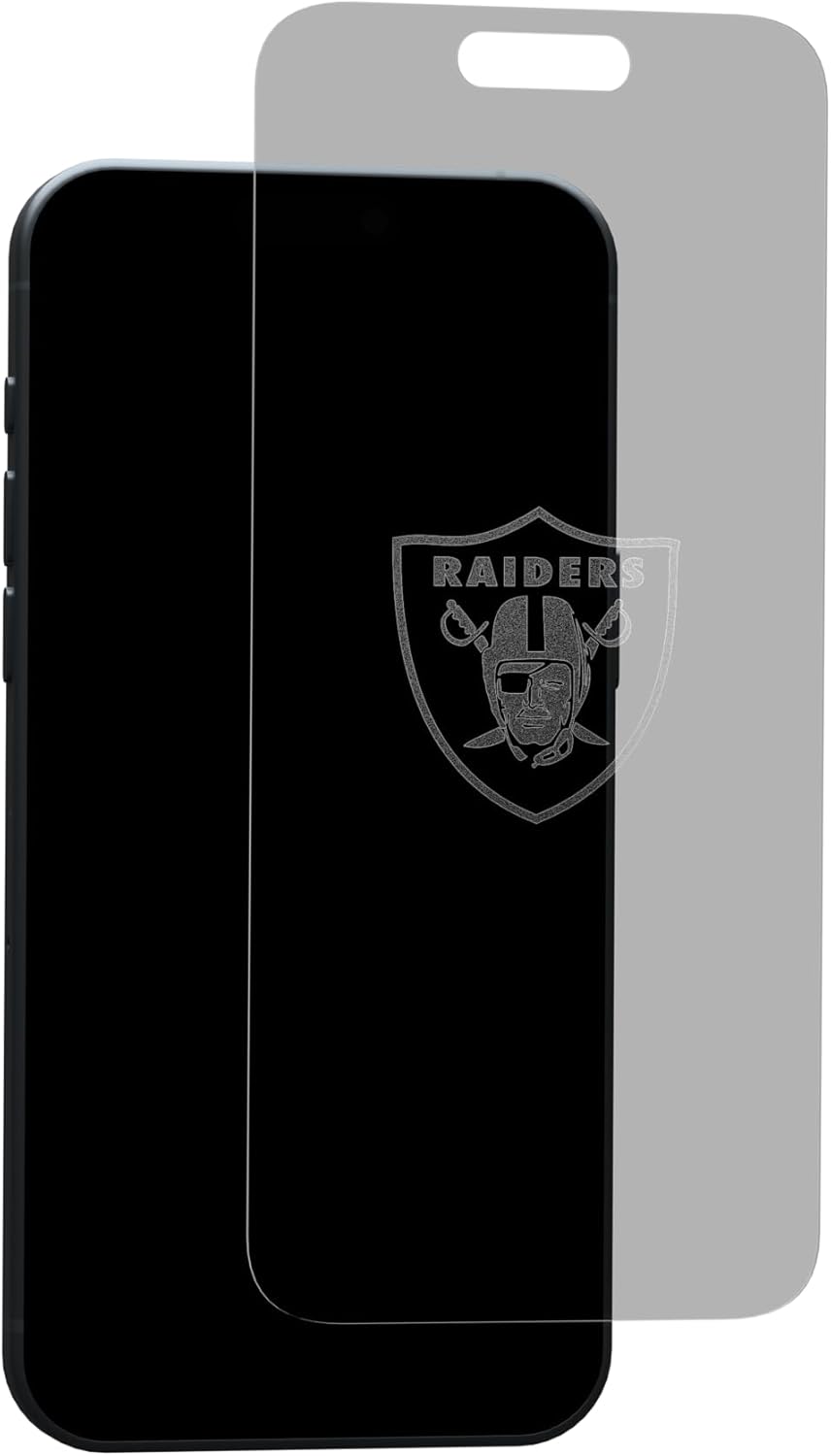NFL Screen Protector Las Vegas Raiders for iPhone 15 Pro Max/15 Plus, Tempered Glass Officially Licensed Custom Design - Disappearing Logo, Case Friendly, Scratch Resistant Tempered Glass Screen