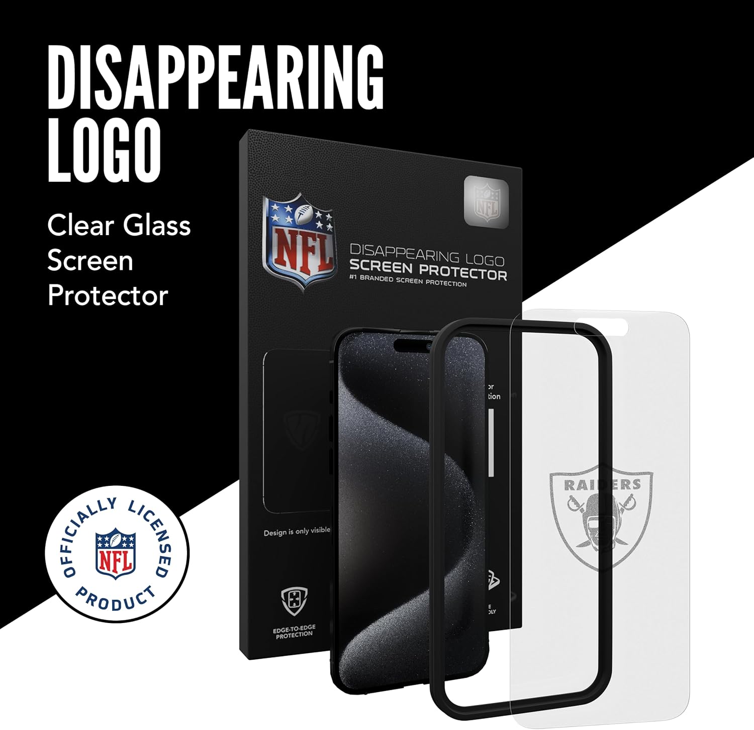 NFL Screen Protector Las Vegas Raiders for iPhone 15 Pro Max/15 Plus, Tempered Glass Officially Licensed Custom Design - Disappearing Logo, Case Friendly, Scratch Resistant Tempered Glass Screen