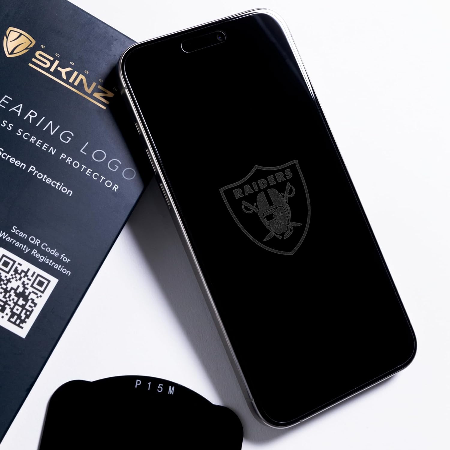 NFL Screen Protector Las Vegas Raiders for iPhone 15 Pro Max/15 Plus, Tempered Glass Officially Licensed Custom Design - Disappearing Logo, Case Friendly, Scratch Resistant Tempered Glass Screen