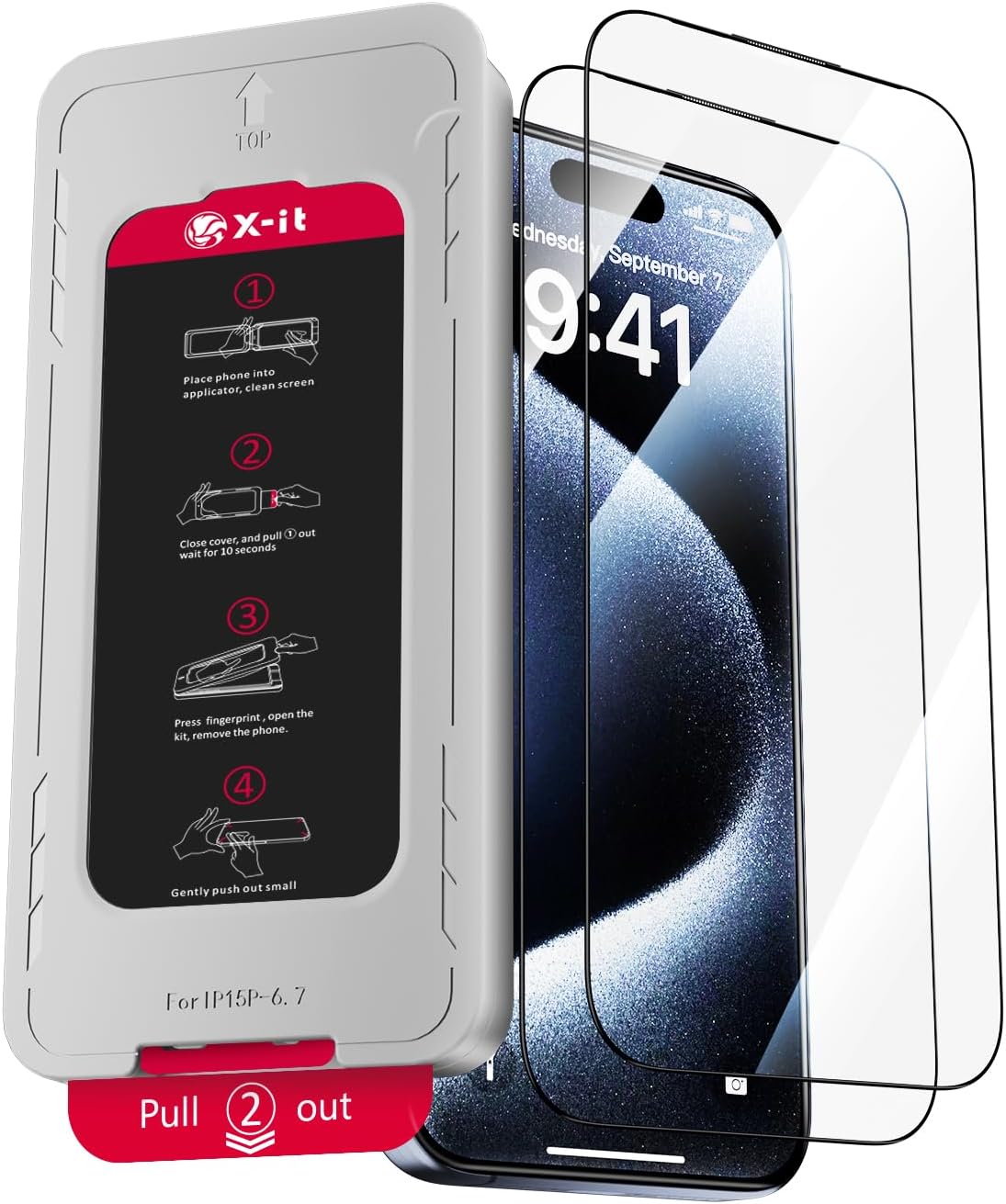 Lot de 2 films de protection d'écran X-it pour iPhone 14 Plus (6,7), verre trempé 9H, dépoussiérage automatique, protection de qualité militaire, sans bulles, couverture complète, compatible avec les coques