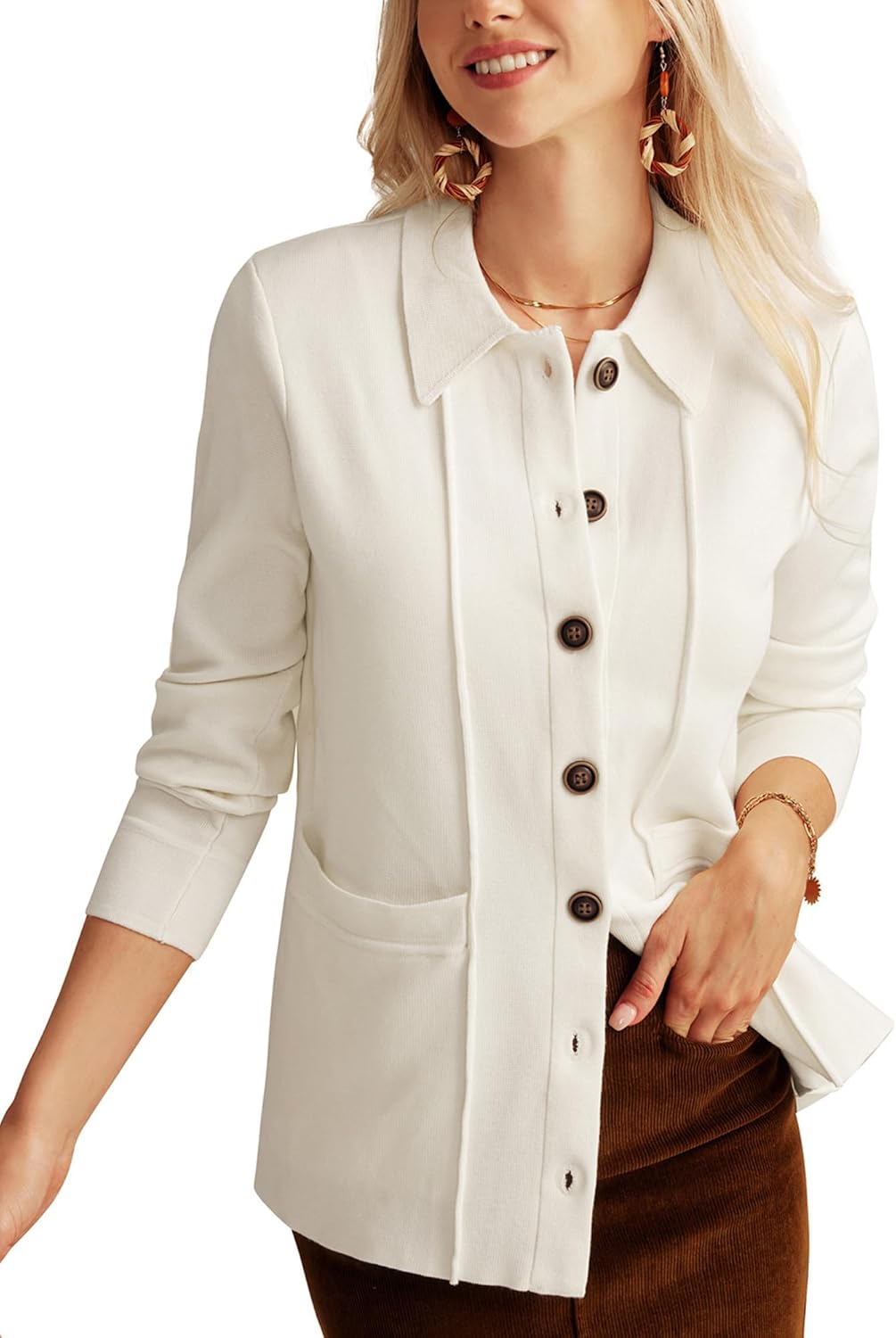 GRACE KARIN Women Casual Cardigan Knit Button Down Shirts Long Sleeve Shacket Jacket with Pockets · v3
