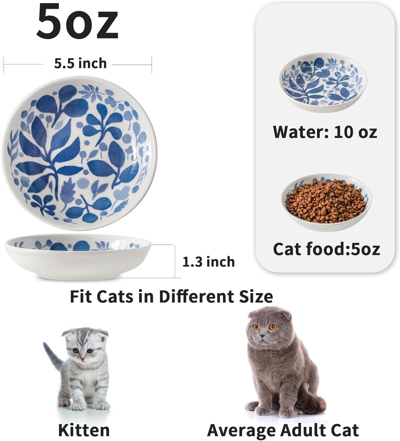 3 ciotole in ceramica per gatti, larghe 5,5 pollici, ciotola per cibo per gatti per alleviare l'affaticamento dei baffi