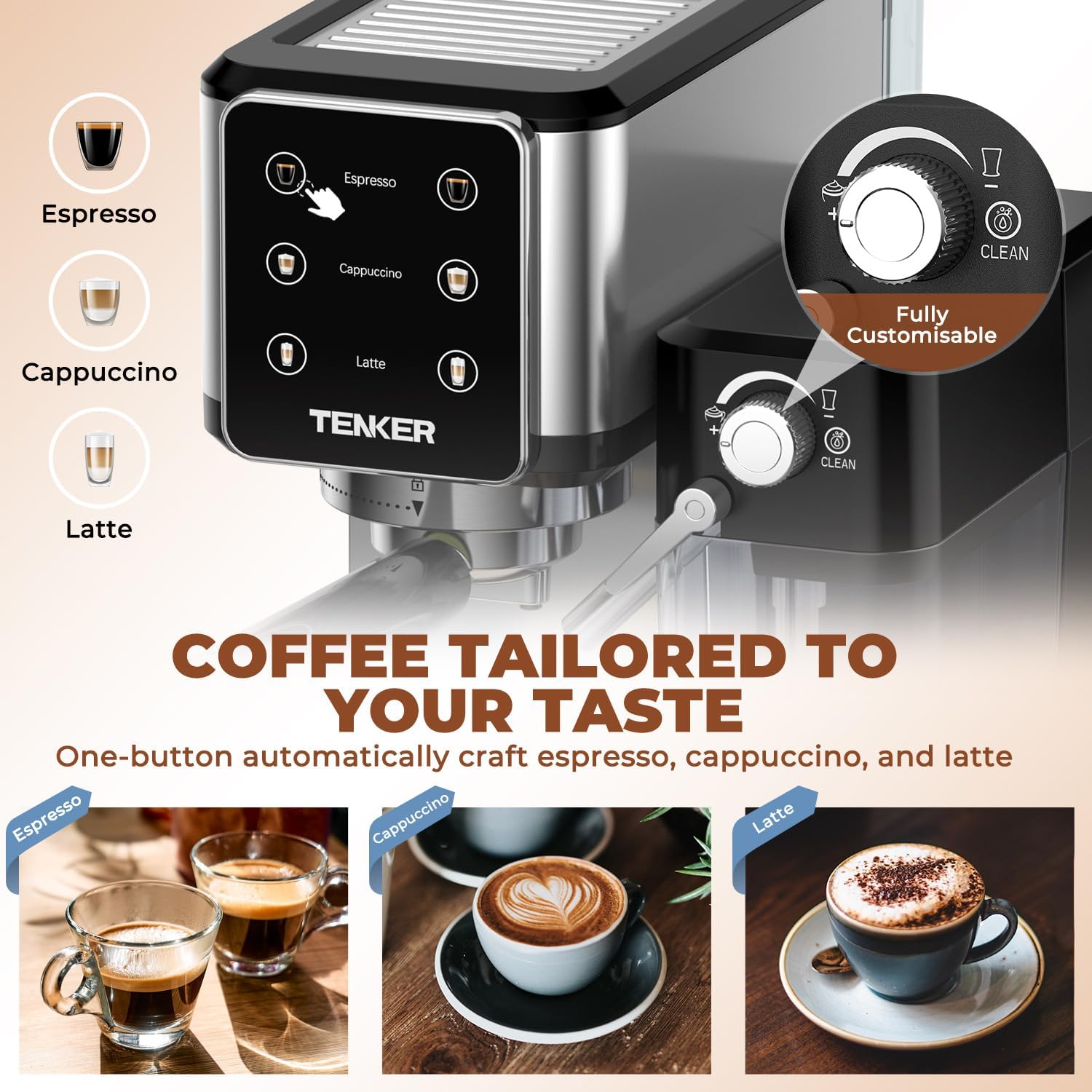 TENKER Espresso Machine 20 Bar, Cappuccino Machine with Automatic Milk Frother, Latte Machine in Stainless Steel Design, 1350W Touchscreen Coffee Maker for Home and Office (Silver) · v2