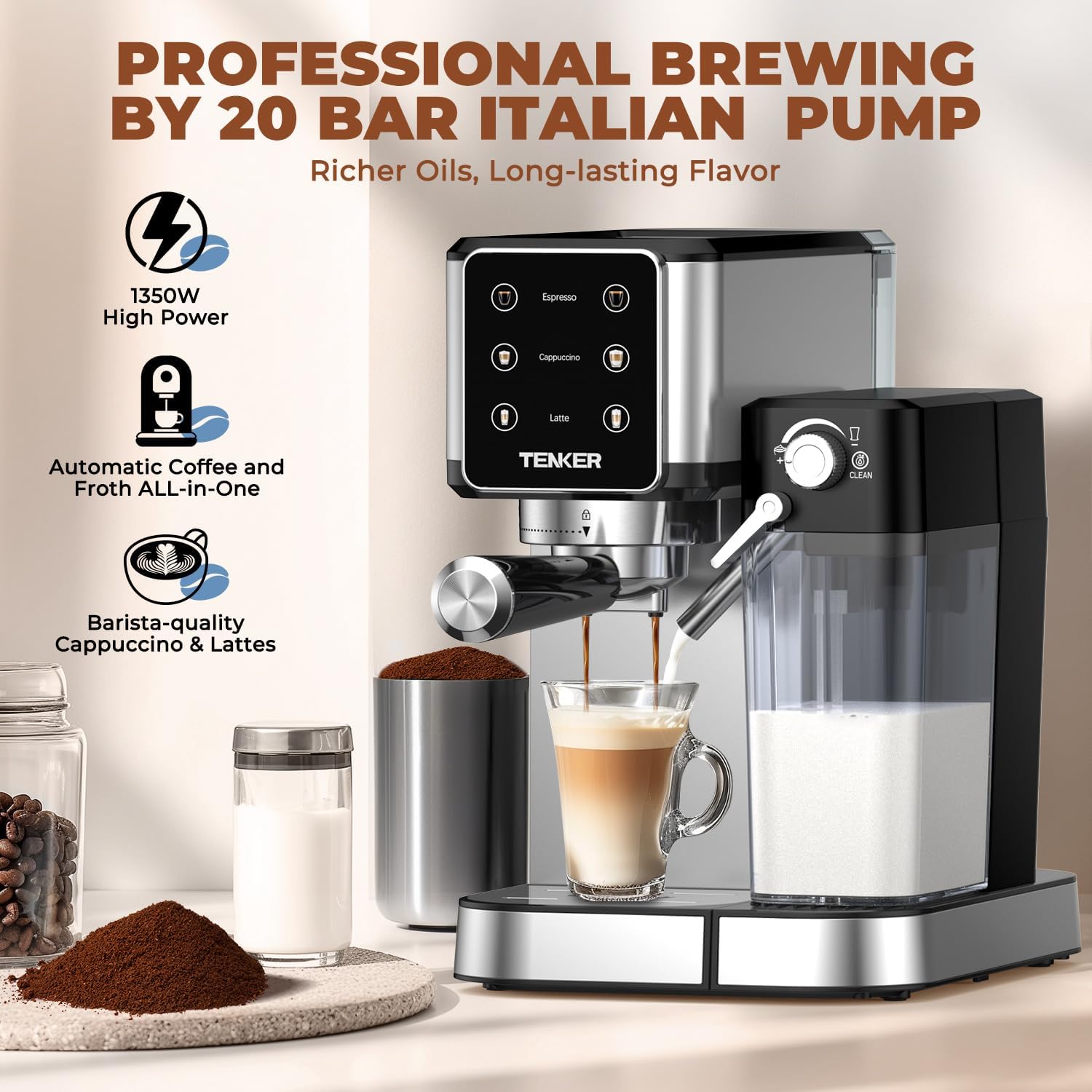 TENKER Espresso Machine 20 Bar, Cappuccino Machine with Automatic Milk Frother, Latte Machine in Stainless Steel Design, 1350W Touchscreen Coffee Maker for Home and Office (Silver) · v2