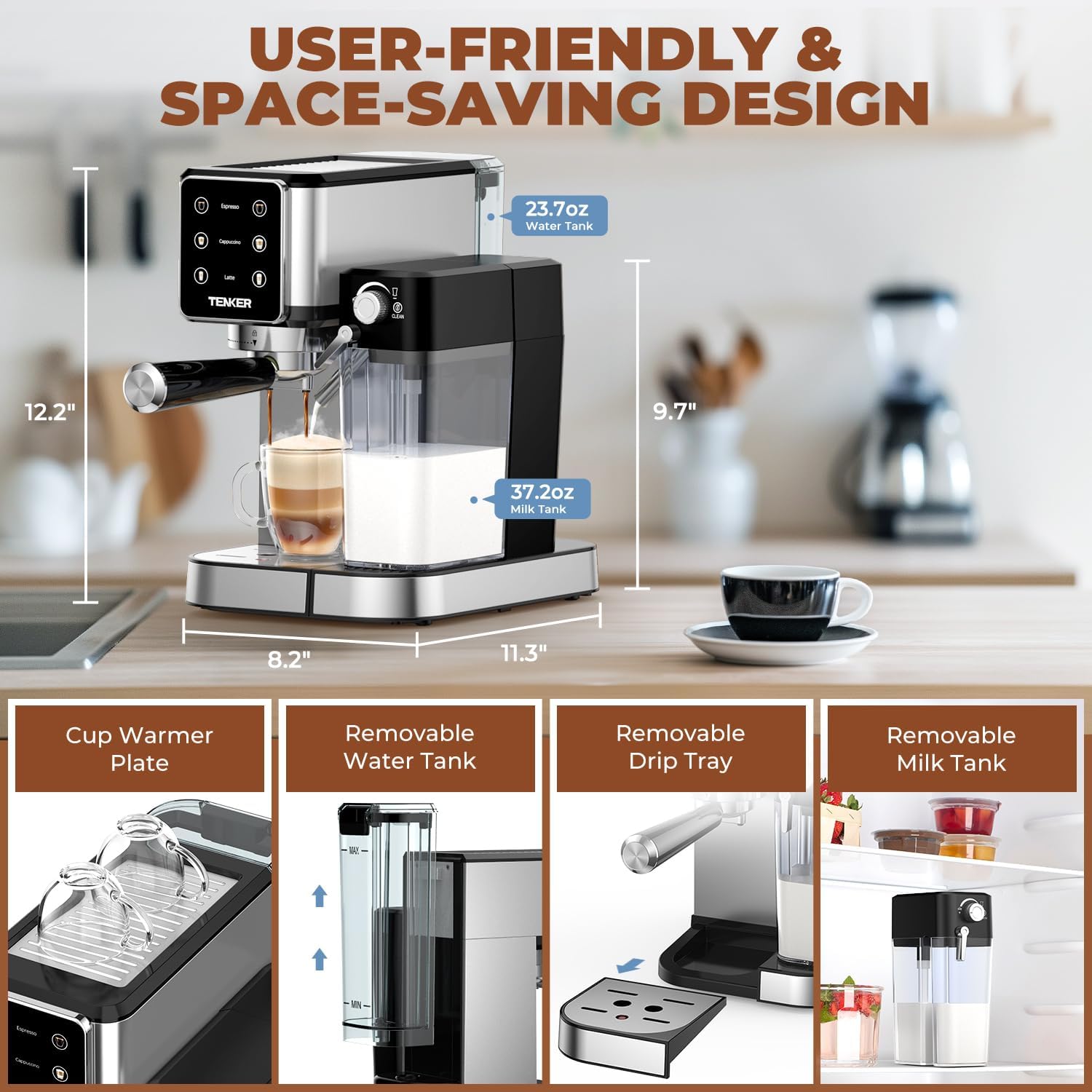 TENKER Espresso Machine 20 Bar, Cappuccino Machine with Automatic Milk Frother, Latte Machine in Stainless Steel Design, 1350W Touchscreen Coffee Maker for Home and Office (Silver) · v2