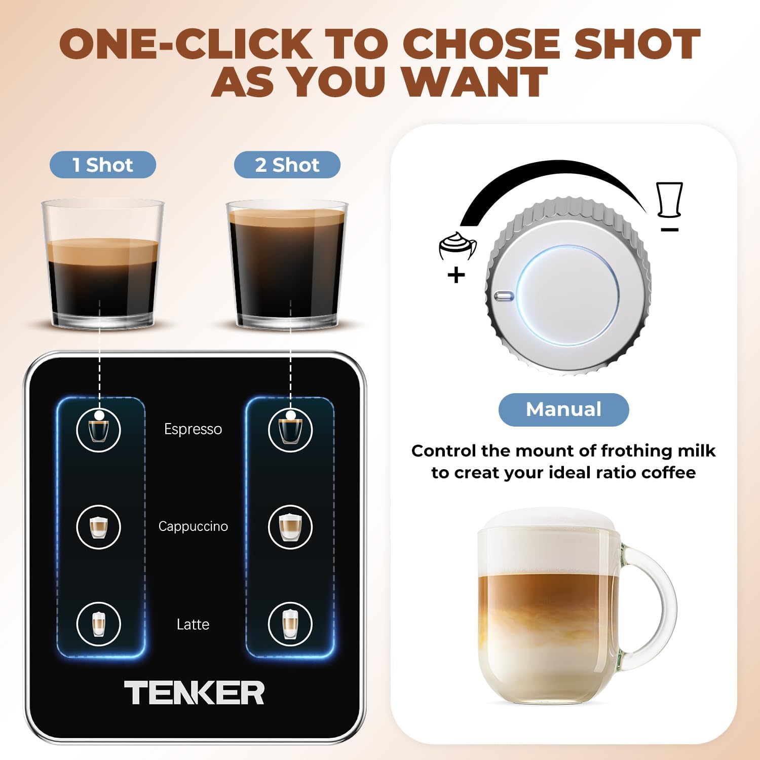 TENKER Espresso Machine 20 Bar, Cappuccino Machine with Automatic Milk Frother, Latte Machine in Stainless Steel Design, 1350W Touchscreen Coffee Maker for Home and Office (Silver) · v2
