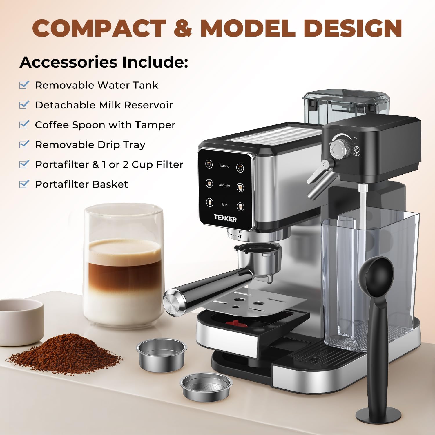 TENKER Espresso Machine 20 Bar, Cappuccino Machine with Automatic Milk Frother, Latte Machine in Stainless Steel Design, 1350W Touchscreen Coffee Maker for Home and Office (Silver) · v2