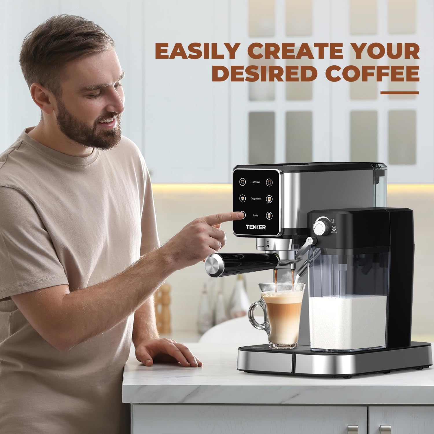 TENKER Espresso Machine 20 Bar, Cappuccino Machine with Automatic Milk Frother, Latte Machine in Stainless Steel Design, 1350W Touchscreen Coffee Maker for Home and Office (Silver) · v2
