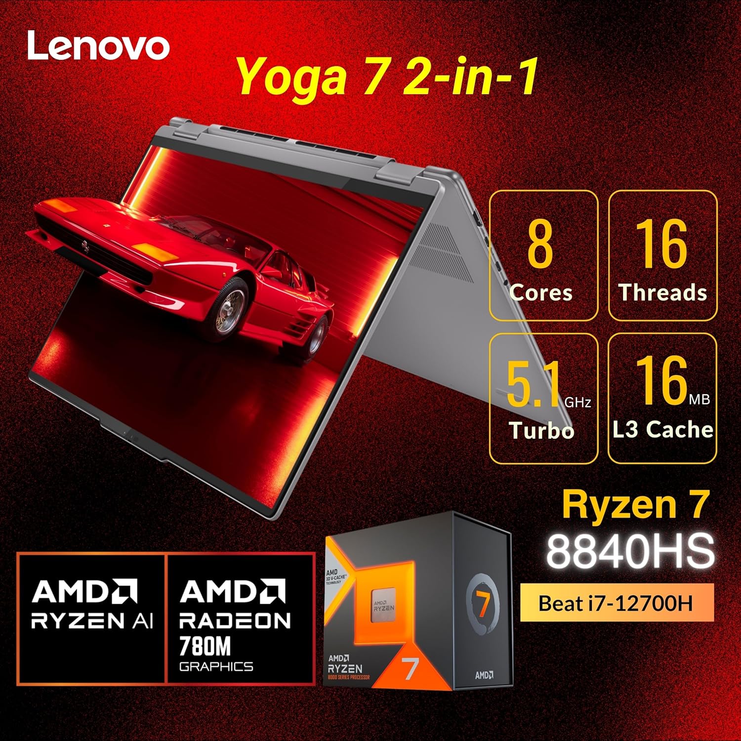 Lenovo Yoga 7 2-in-1 AI Laptop, 16 1920x1200 Touchscreen, AMD Ryzen 7 8840HS(gt;i7-12700H, 5.10 GHz), Copilot, Backlit Keyboard, Fingerprint, Windows 11 Home, Gray(16GB 6400 MHz DDR5 RAM | 1TB SSD) · v3