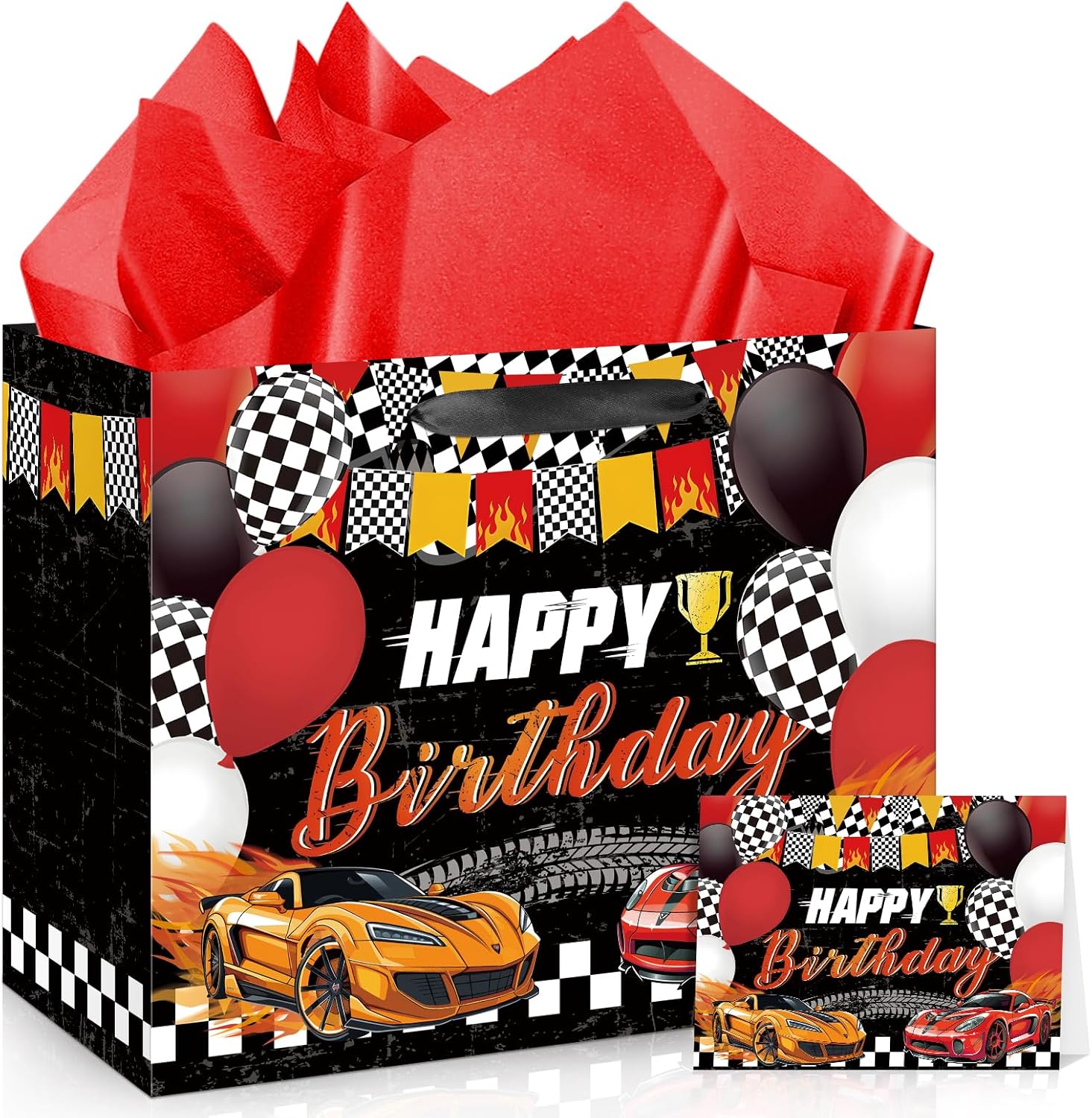 Hot Car Birthday Gift Bag for Boys, Large Race Car Party Favor Bags with Tissue Paper Card Baby Shower Decorations Gift Bag Racing Birthday Goodie Candy Treat Bag for Wheel Party Decorations Supplies · v2