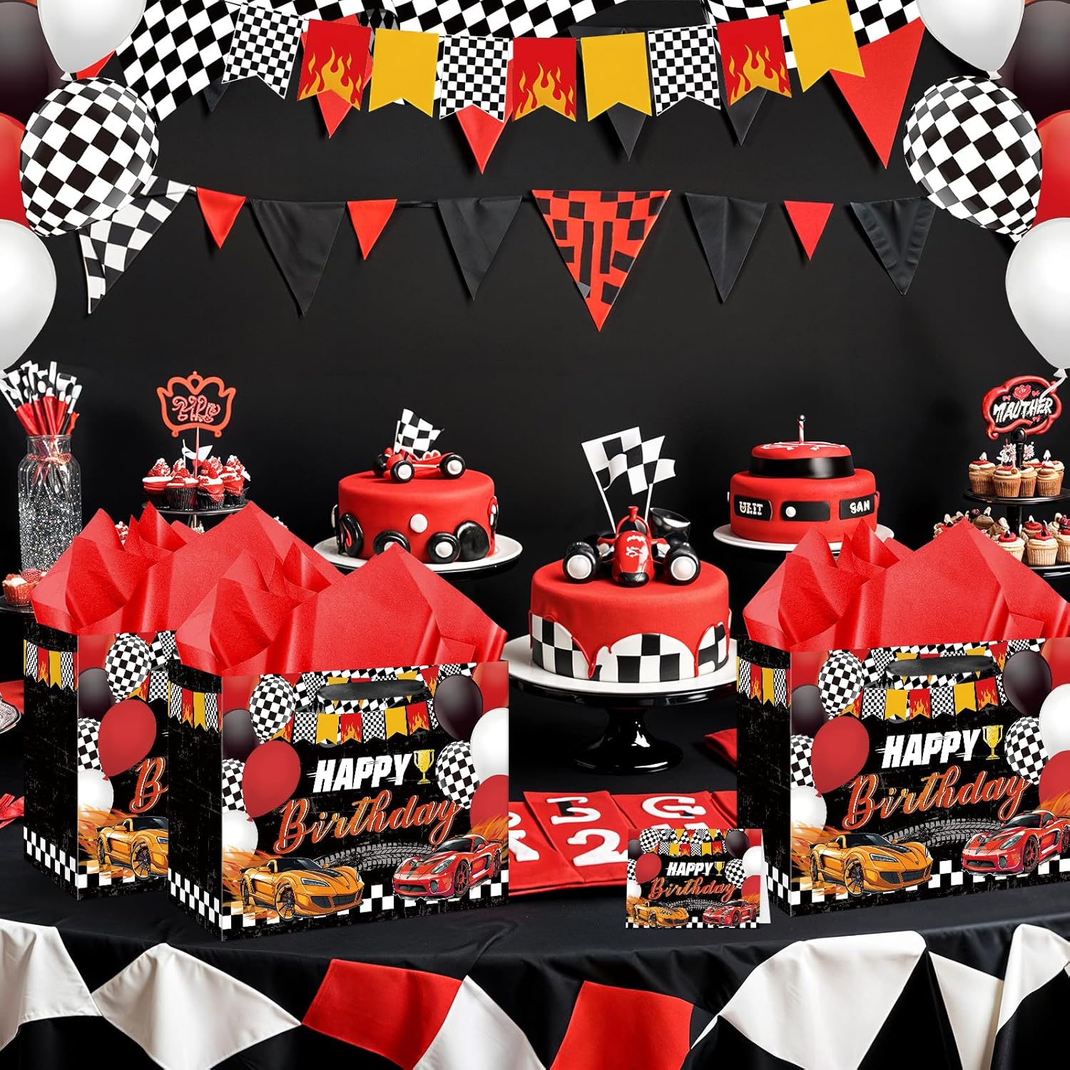 Hot Car Birthday Gift Bag for Boys, Large Race Car Party Favor Bags with Tissue Paper Card Baby Shower Decorations Gift Bag Racing Birthday Goodie Candy Treat Bag for Wheel Party Decorations Supplies · v2