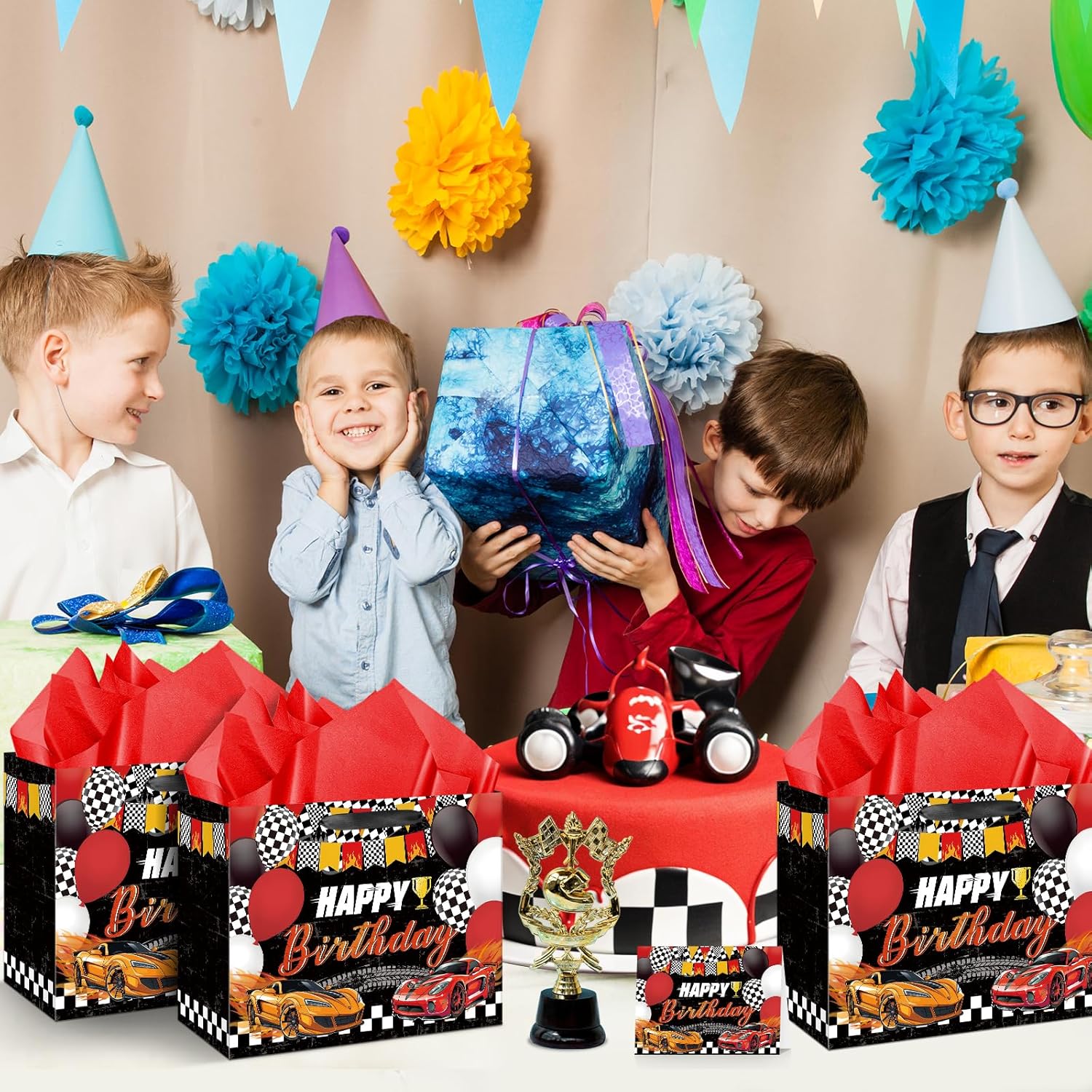 Hot Car Birthday Gift Bag for Boys, Large Race Car Party Favor Bags with Tissue Paper Card Baby Shower Decorations Gift Bag Racing Birthday Goodie Candy Treat Bag for Wheel Party Decorations Supplies · v2