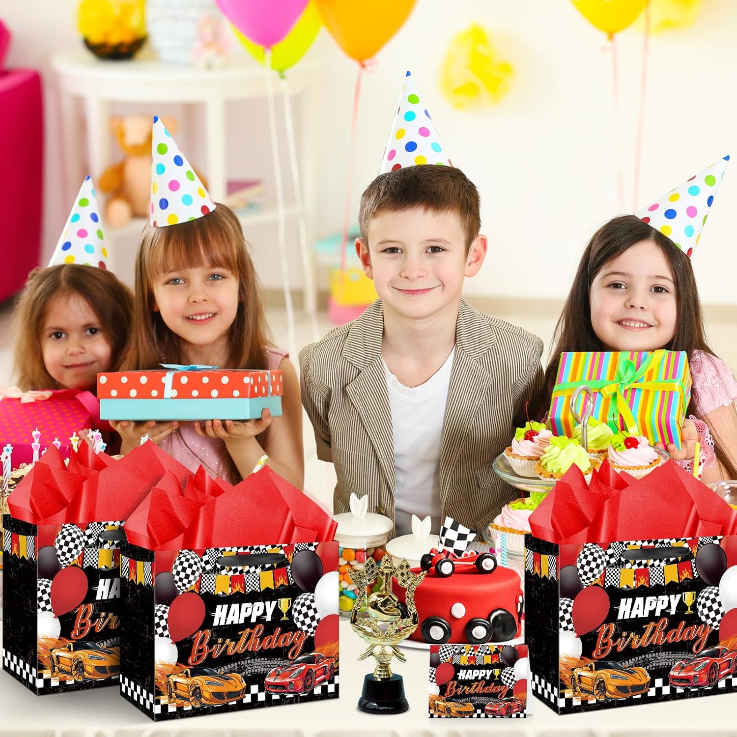 Hot Car Birthday Gift Bag for Boys, Large Race Car Party Favor Bags with Tissue Paper Card Baby Shower Decorations Gift Bag Racing Birthday Goodie Candy Treat Bag for Wheel Party Decorations Supplies · v2