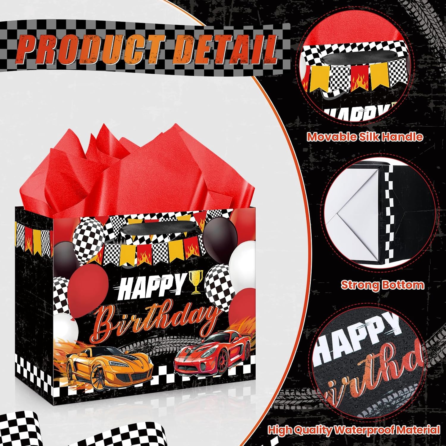 Hot Car Birthday Gift Bag for Boys, Large Race Car Party Favor Bags with Tissue Paper Card Baby Shower Decorations Gift Bag Racing Birthday Goodie Candy Treat Bag for Wheel Party Decorations Supplies · v2
