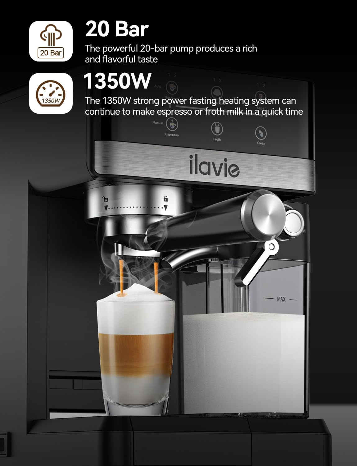Espresso Machine Cappuccino Latte Coffee Espresso Maker, Auto Milk Frother for Smooth Milk Bubbles, Detachable Milk reservoir, 20 Bar High Pressure · v4