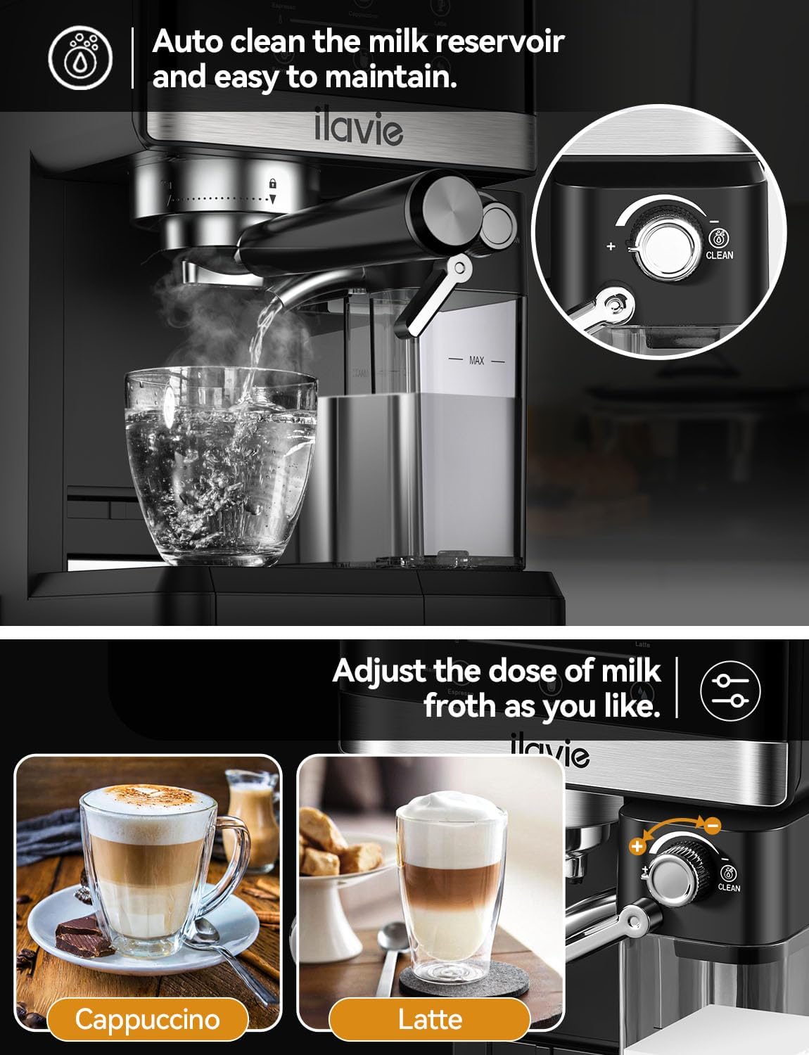 Espresso Machine Cappuccino Latte Coffee Espresso Maker, Auto Milk Frother for Smooth Milk Bubbles, Detachable Milk reservoir, 20 Bar High Pressure · v4