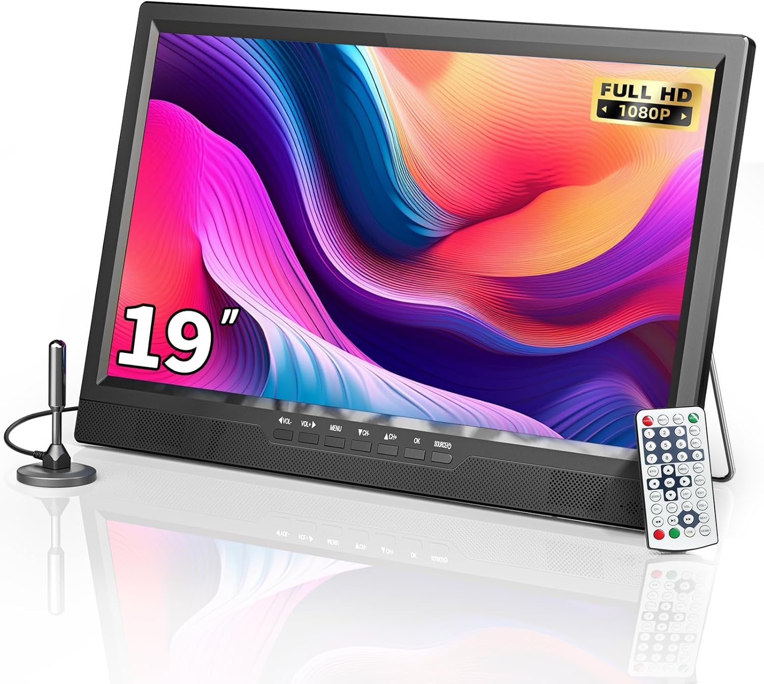 Desobry 19 Portable TV with Antenna, Small TV with HD 1080P HDMI Input, AV Input, USB Port, Portable Monitor with 180° Adjustable Stand, Small Portable TV for Kitchen Bedroom Camping RV (No Battery)