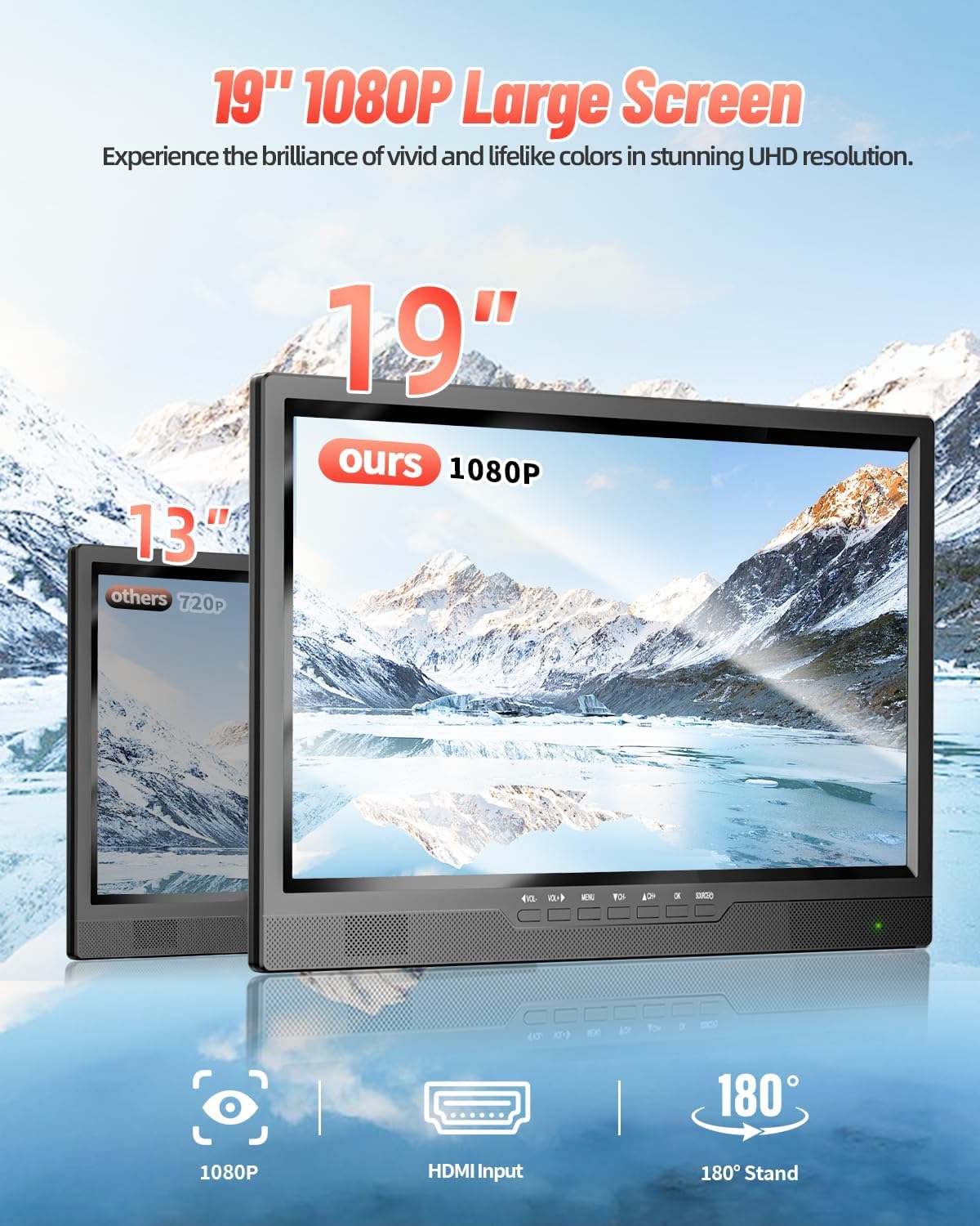 Desobry 19, draagbare tv met antenne, kleine tv met HD 1080P HDMI-ingang, AV-ingang, USB-poort, draagbare monitor met 180° verstelbare standaard, kleine draagbare tv voor keuken, slaapkamer, kampeercamper (zonder batterij)