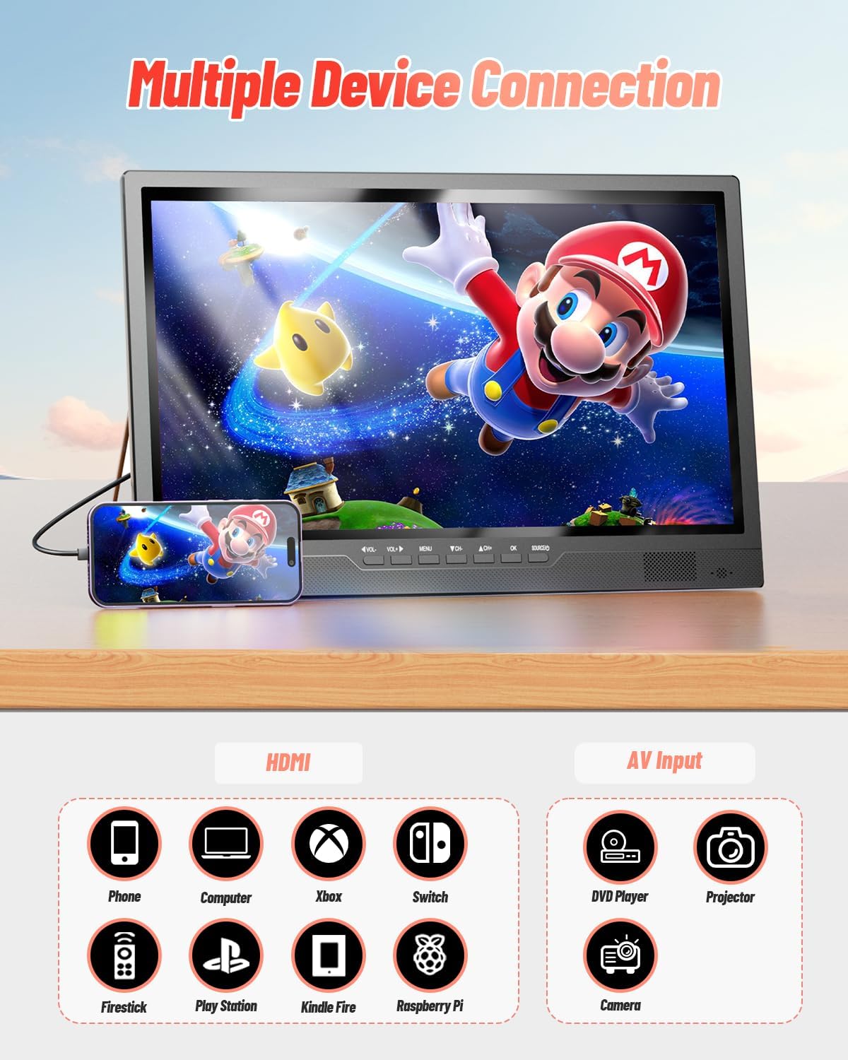 Desobry 19, draagbare tv met antenne, kleine tv met HD 1080P HDMI-ingang, AV-ingang, USB-poort, draagbare monitor met 180° verstelbare standaard, kleine draagbare tv voor keuken, slaapkamer, kampeercamper (zonder batterij)