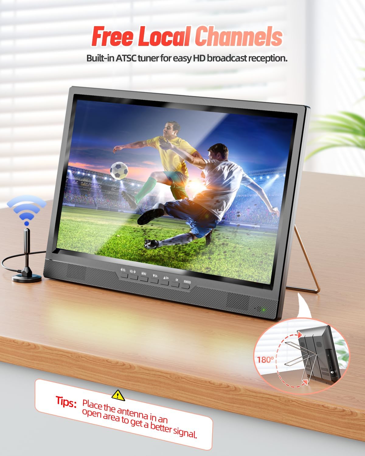 Desobry 19, draagbare tv met antenne, kleine tv met HD 1080P HDMI-ingang, AV-ingang, USB-poort, draagbare monitor met 180° verstelbare standaard, kleine draagbare tv voor keuken, slaapkamer, kampeercamper (zonder batterij)