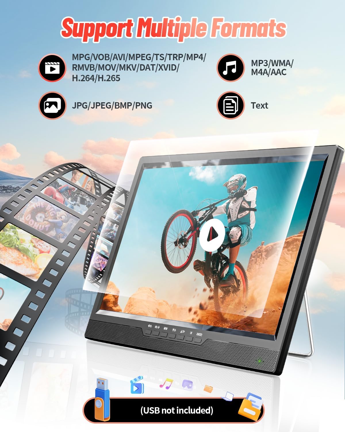 Desobry 19, draagbare tv met antenne, kleine tv met HD 1080P HDMI-ingang, AV-ingang, USB-poort, draagbare monitor met 180° verstelbare standaard, kleine draagbare tv voor keuken, slaapkamer, kampeercamper (zonder batterij)