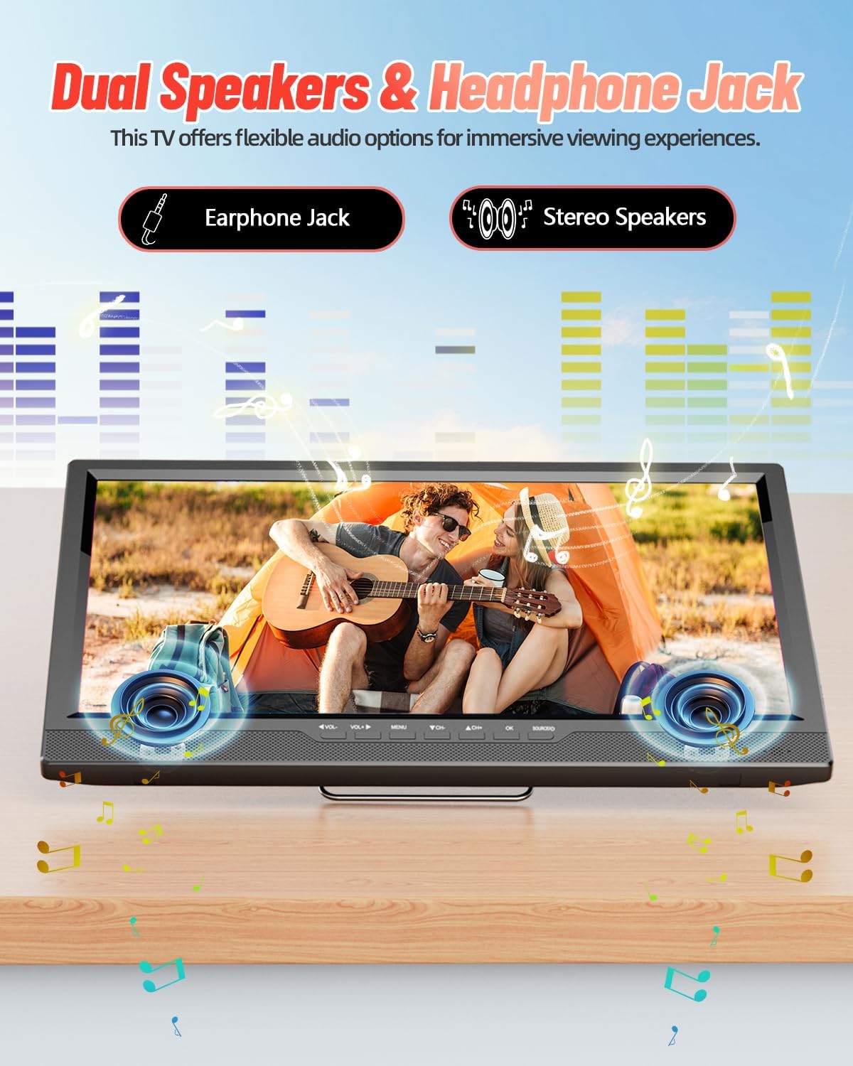 Desobry 19, draagbare tv met antenne, kleine tv met HD 1080P HDMI-ingang, AV-ingang, USB-poort, draagbare monitor met 180° verstelbare standaard, kleine draagbare tv voor keuken, slaapkamer, kampeercamper (zonder batterij)
