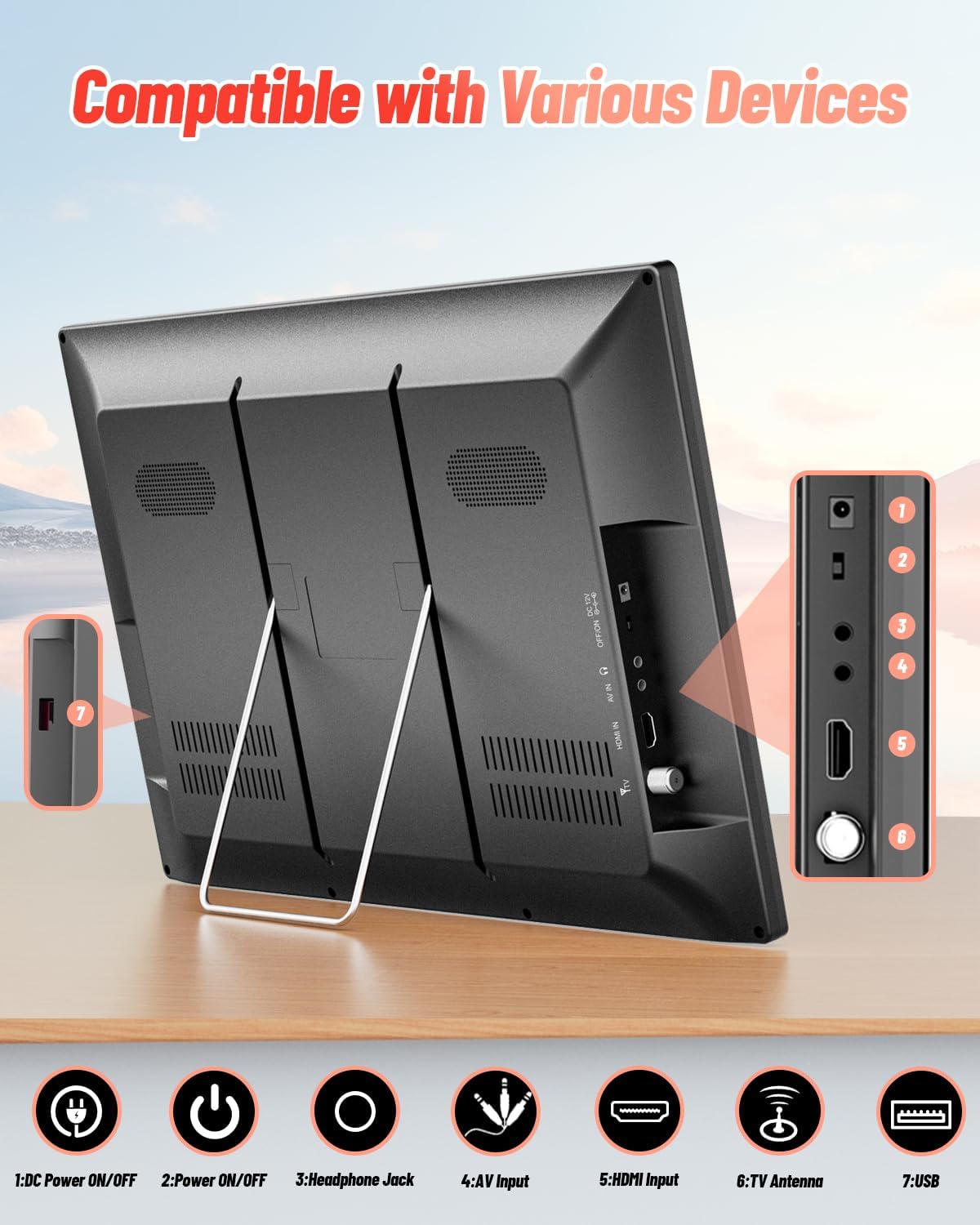 Desobry 19, draagbare tv met antenne, kleine tv met HD 1080P HDMI-ingang, AV-ingang, USB-poort, draagbare monitor met 180° verstelbare standaard, kleine draagbare tv voor keuken, slaapkamer, kampeercamper (zonder batterij)